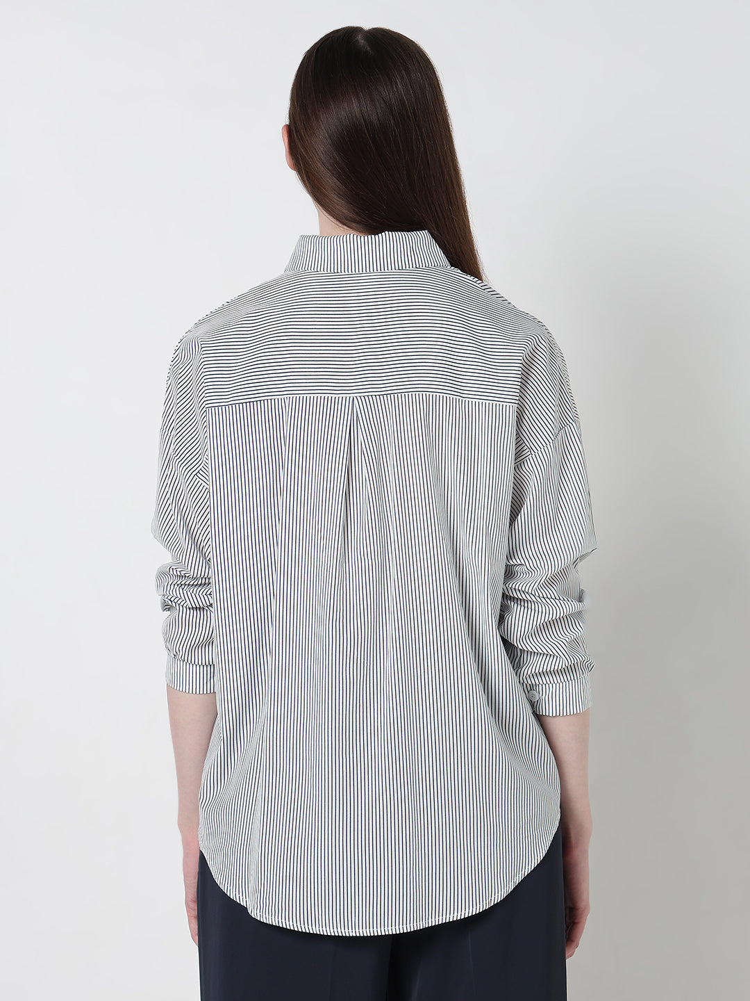 Women's Pinstripes Blue Oversized Shirt with Chest Pocket
