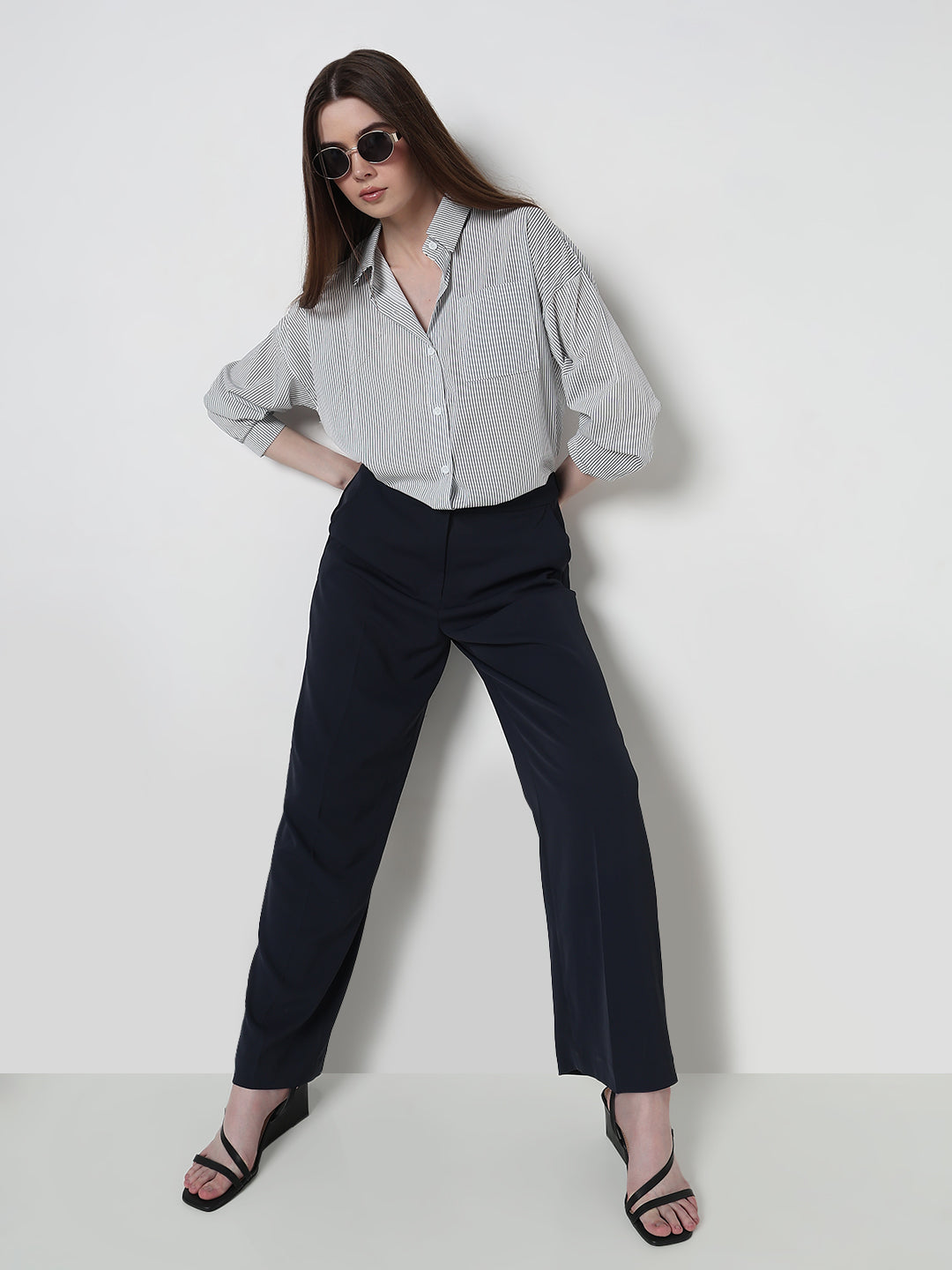 Women's Pinstripes Blue Oversized Shirt with Chest Pocket