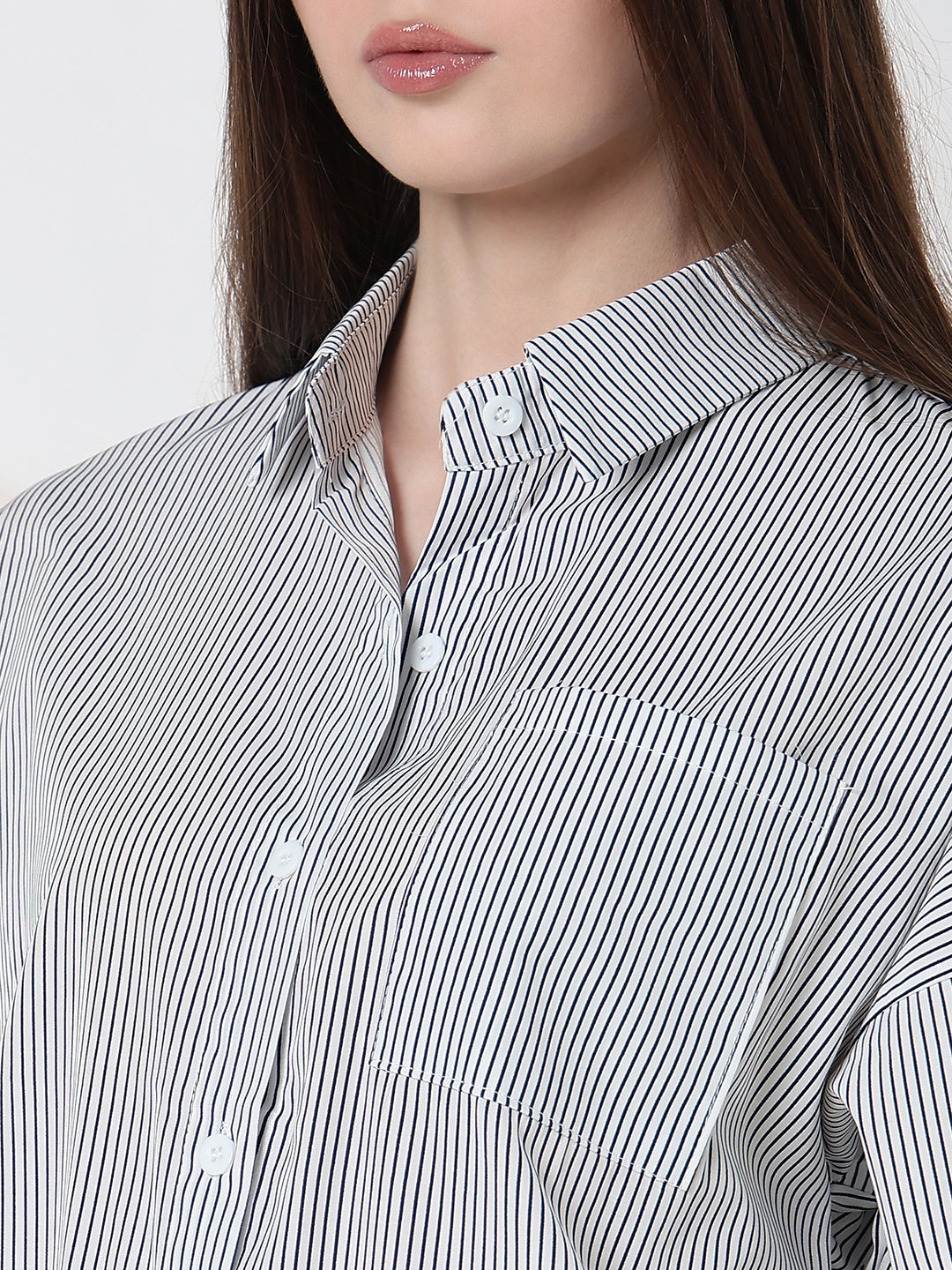 Women's Pinstripes Blue Oversized Shirt with Chest Pocket