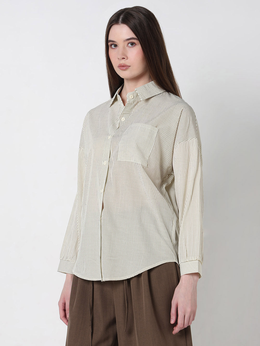 Women's Pinstripes Cream Oversized Shirt with Chest Pocket
