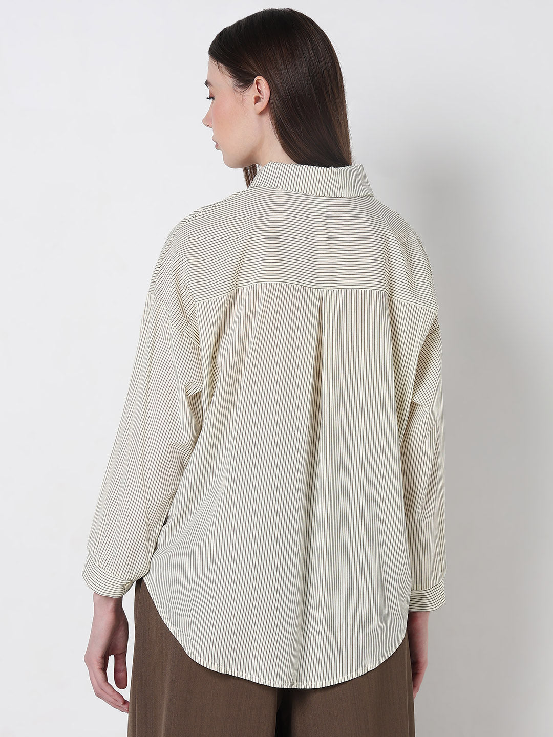 Women's Pinstripes Cream Oversized Shirt with Chest Pocket