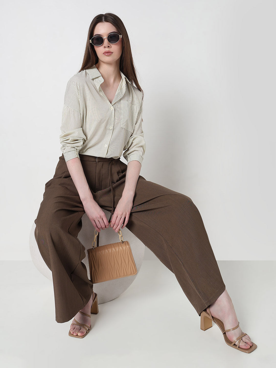 Women's Pinstripes Cream Oversized Shirt with Chest Pocket