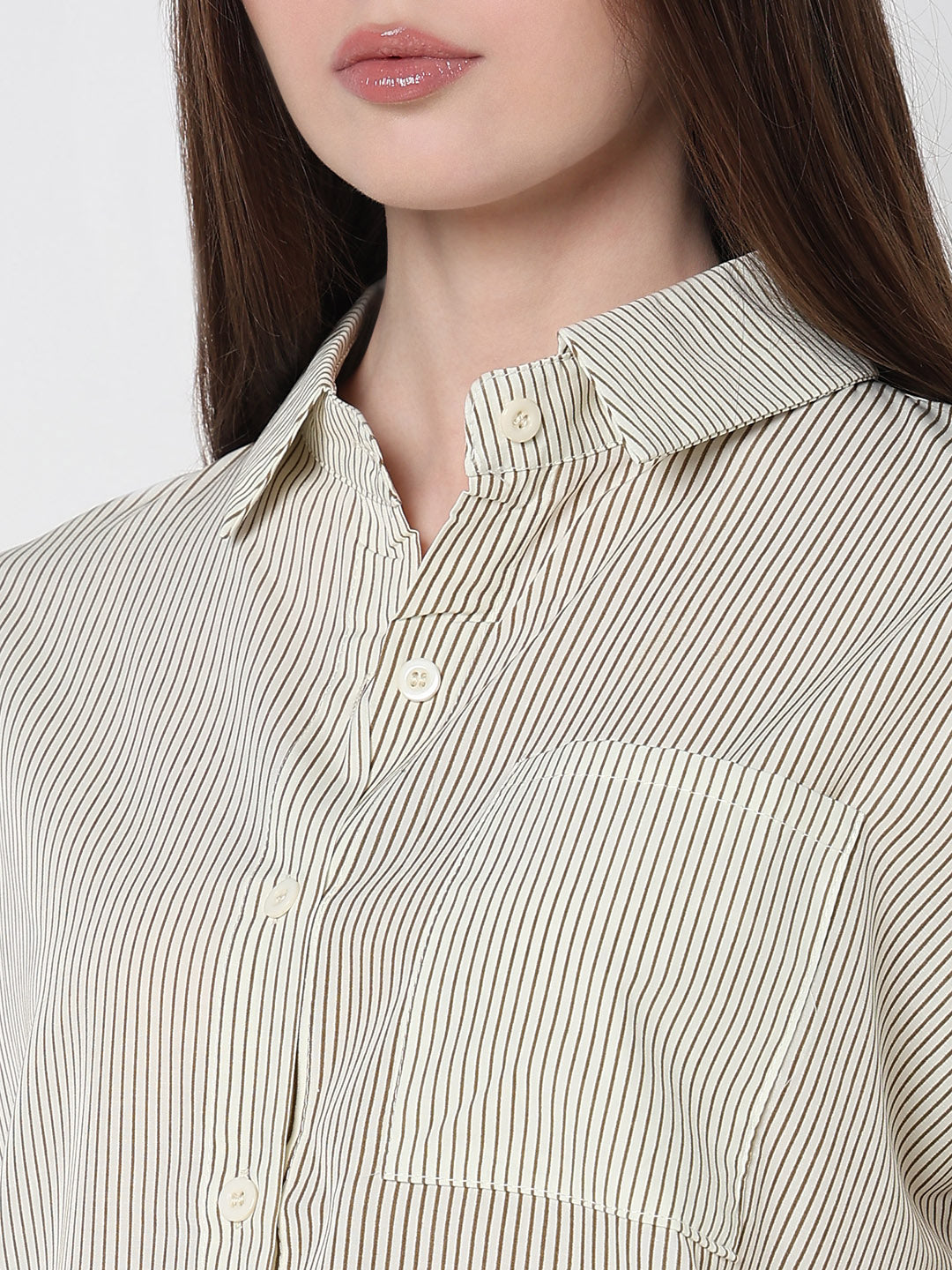 Women's Pinstripes Cream Oversized Shirt with Chest Pocket