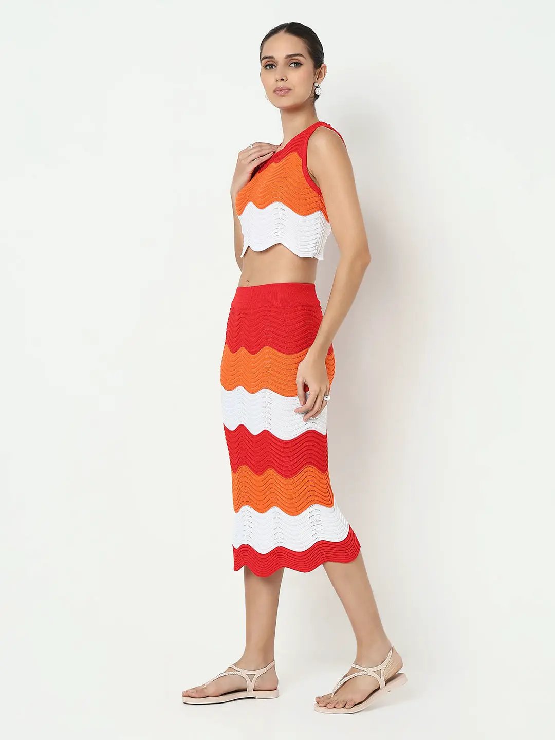 Women's Colourblocked Orange Knitted Sleeveless Crop Top with Skirt Co-ord Set - from SHOWOFFFF