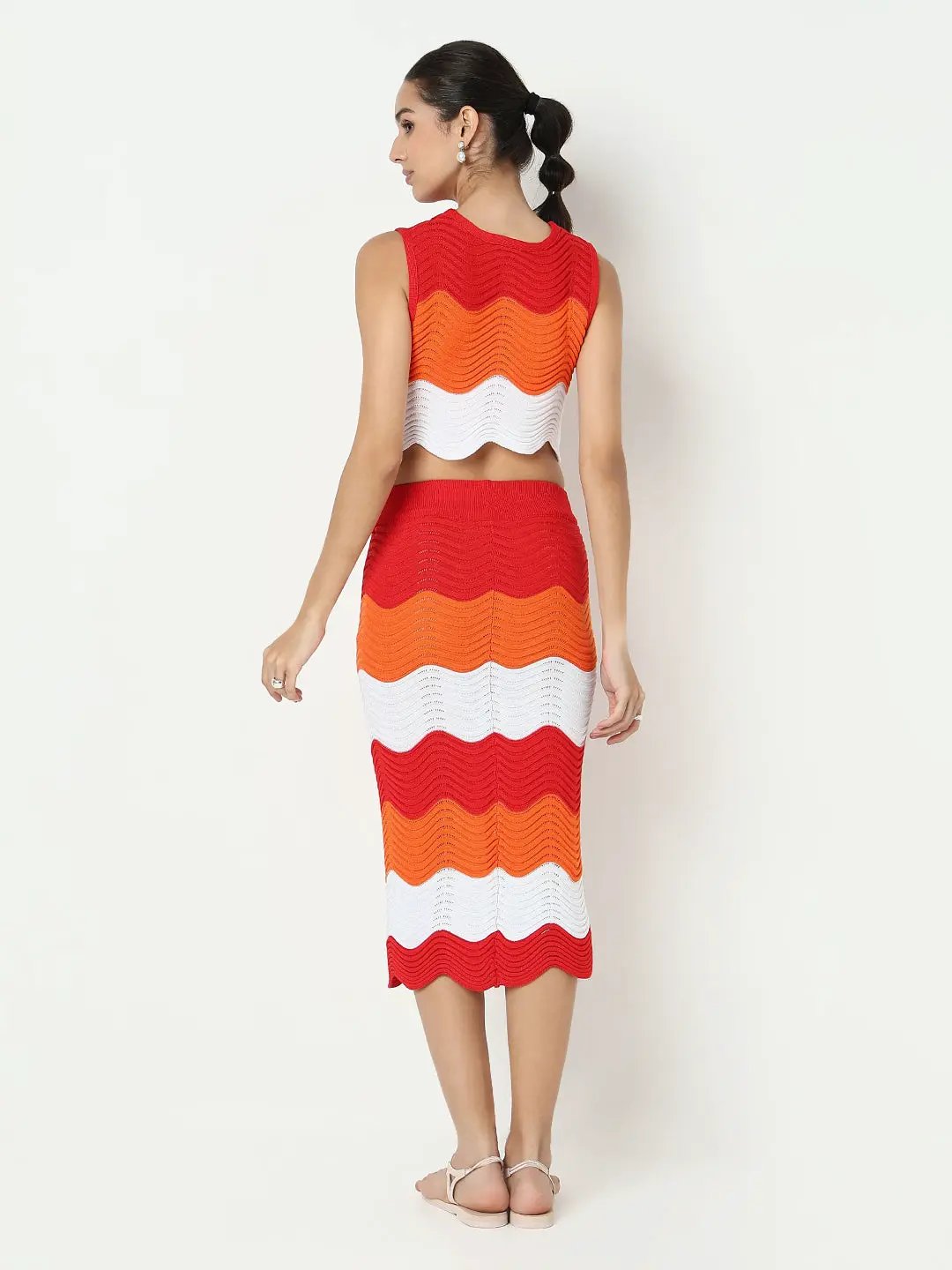 Women's Colourblocked Orange Knitted Sleeveless Crop Top with Skirt Co-ord Set - from SHOWOFFFF