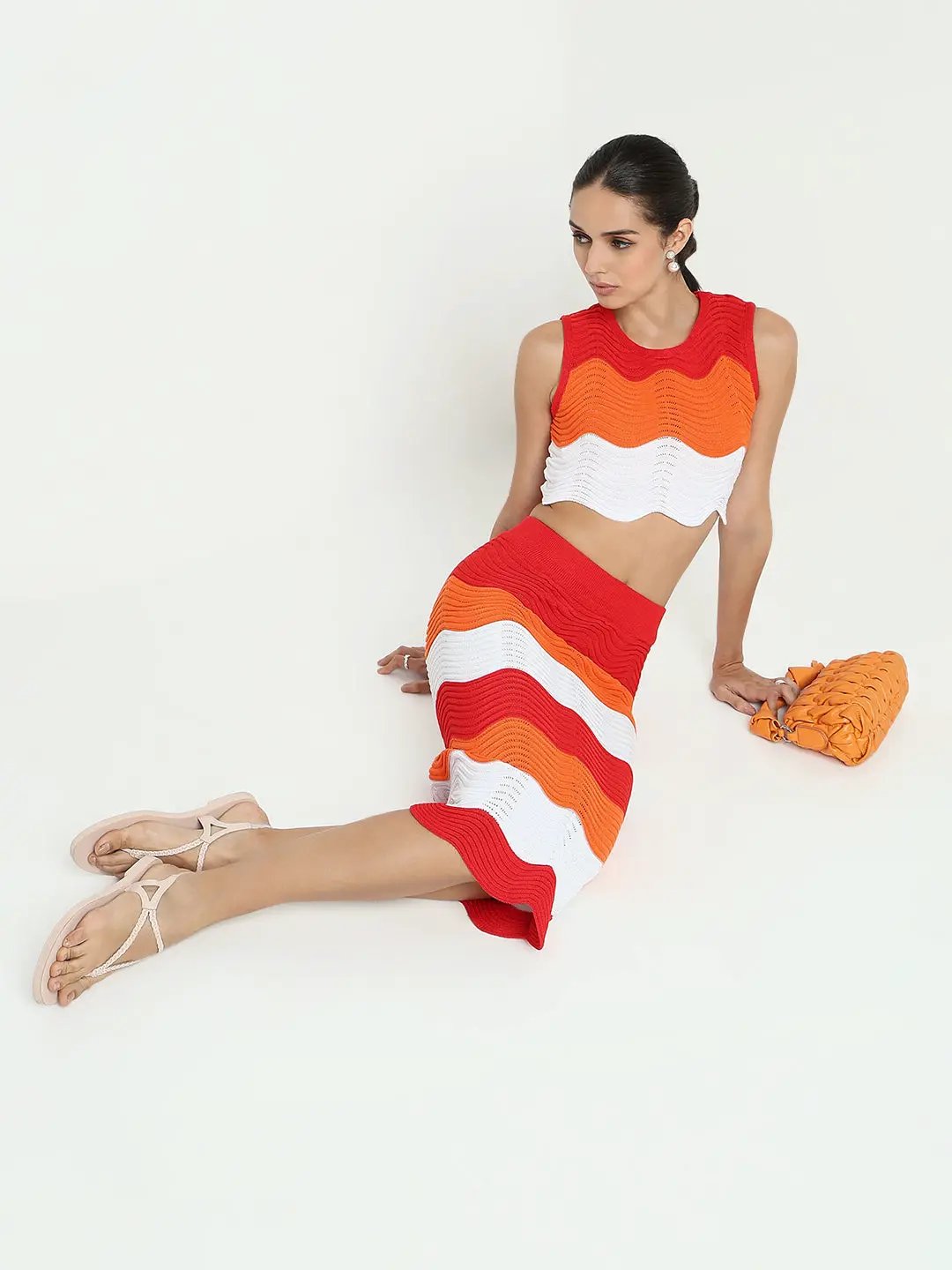 Women's Colourblocked Orange Knitted Sleeveless Crop Top with Skirt Co-ord Set - from SHOWOFFFF