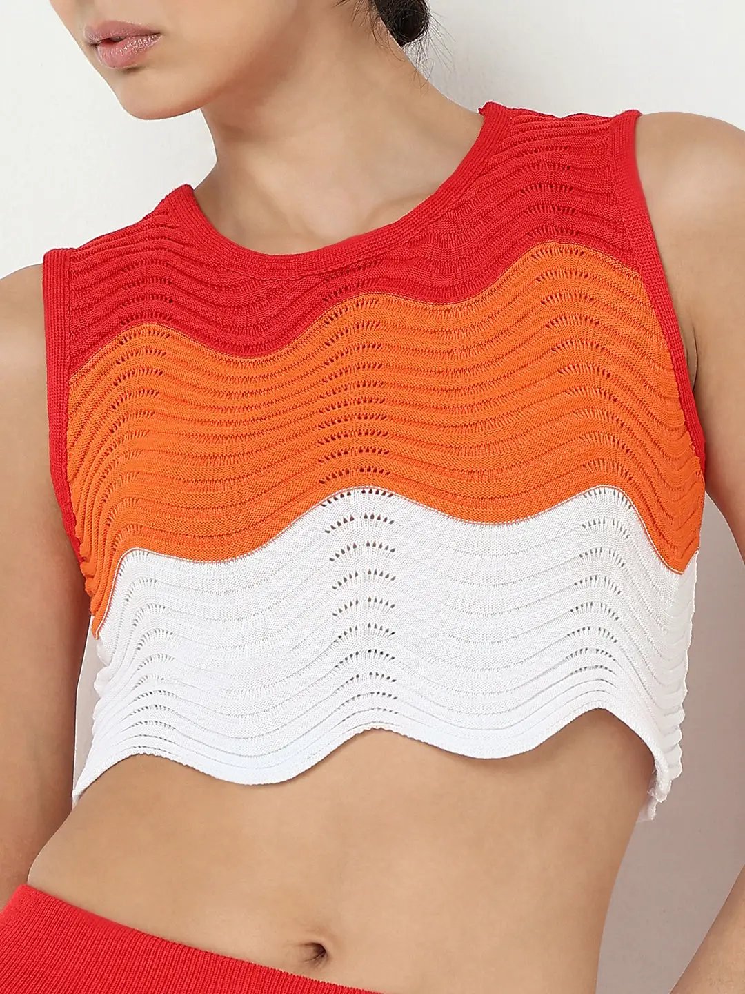 Women's Colourblocked Orange Knitted Sleeveless Crop Top with Skirt Co-ord Set - from SHOWOFFFF
