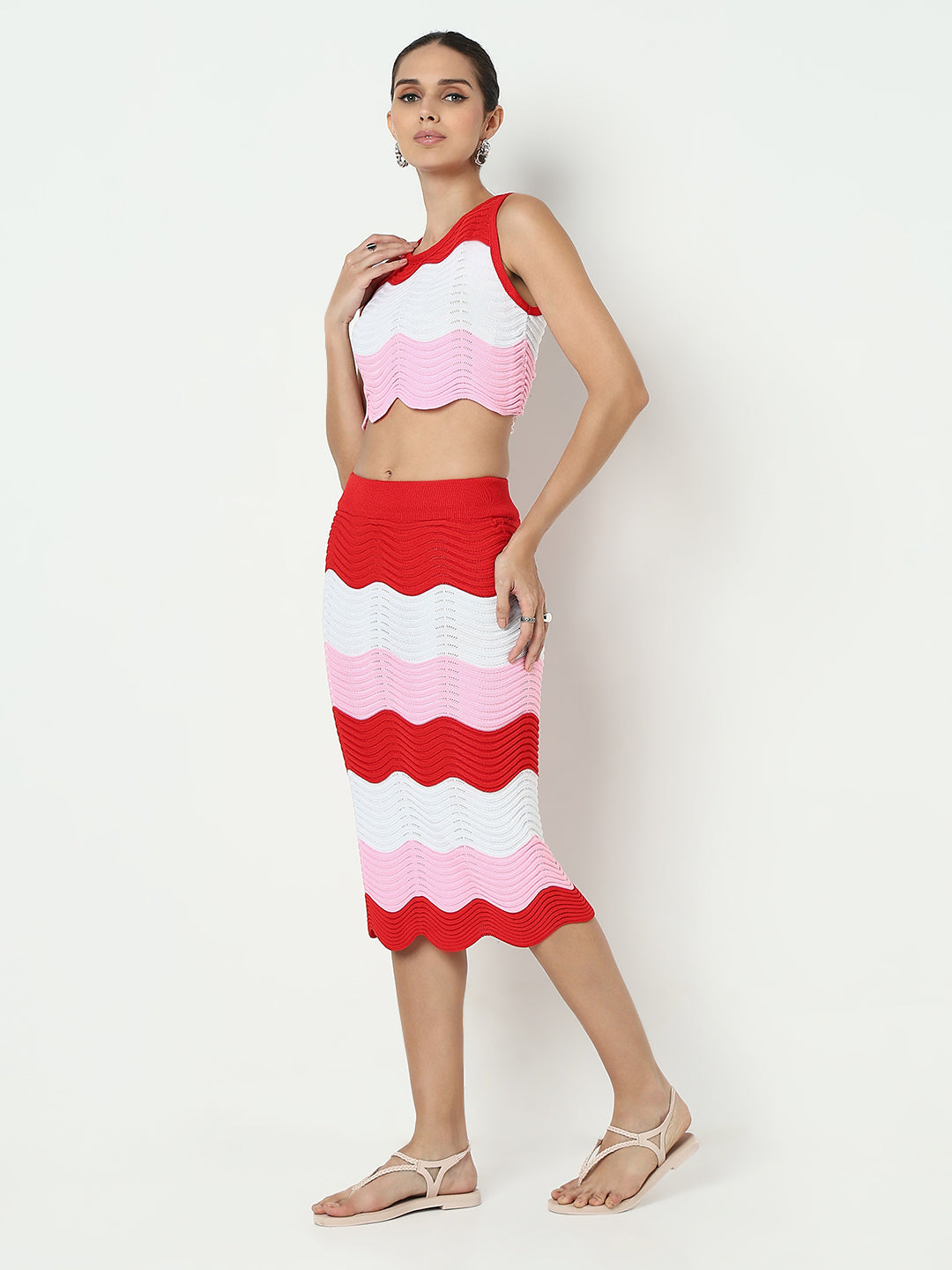 Women's Colourblocked Pink Knitted Sleeveless Crop Top with Skirt Co-ord Set