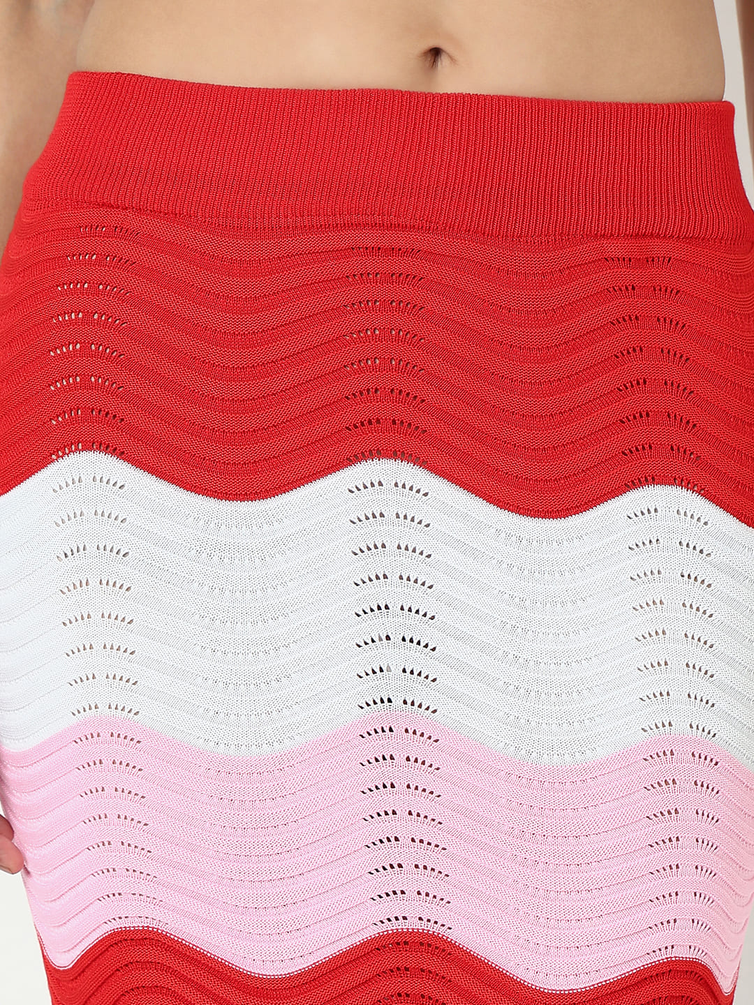 Women's Colourblocked Pink Knitted Sleeveless Crop Top with Skirt Co-ord Set