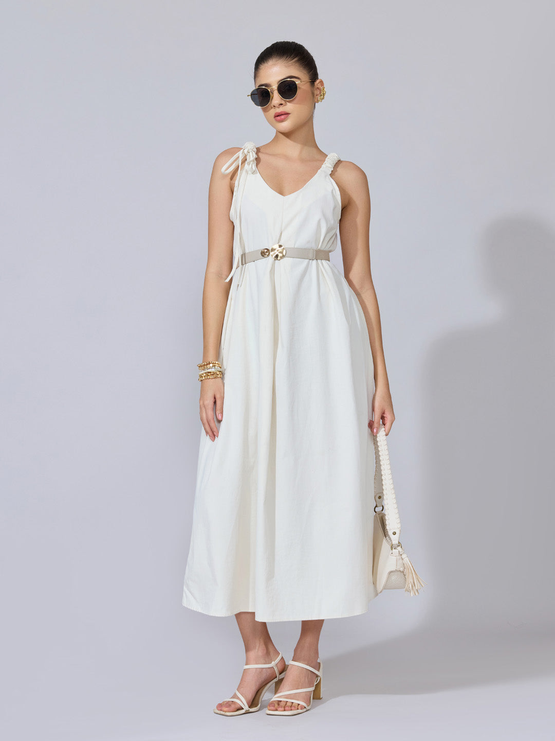 Women's Off White A-Line Midi Dress  with Tie-Up