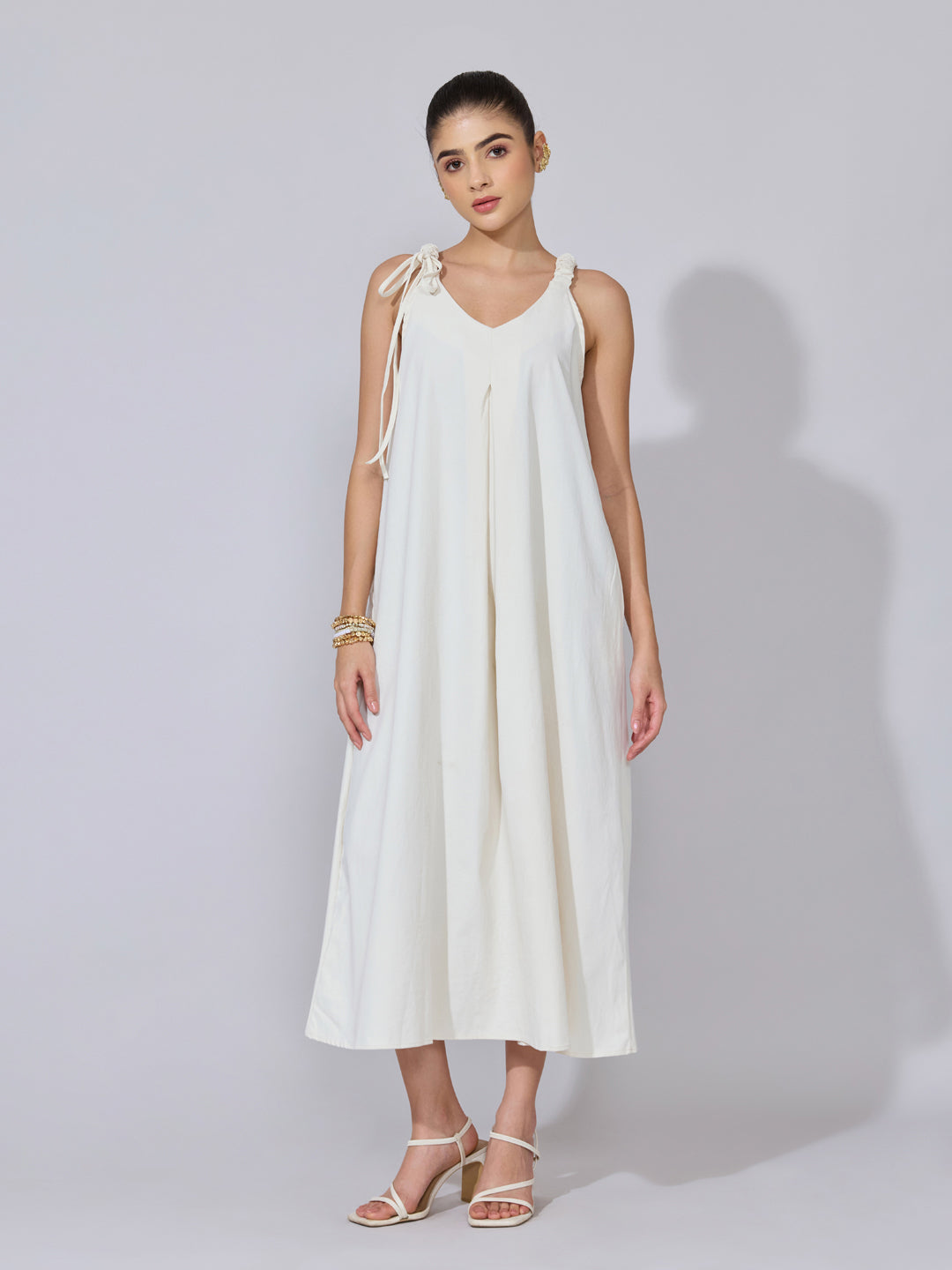 Women's Off White A-Line Midi Dress  with Tie-Up
