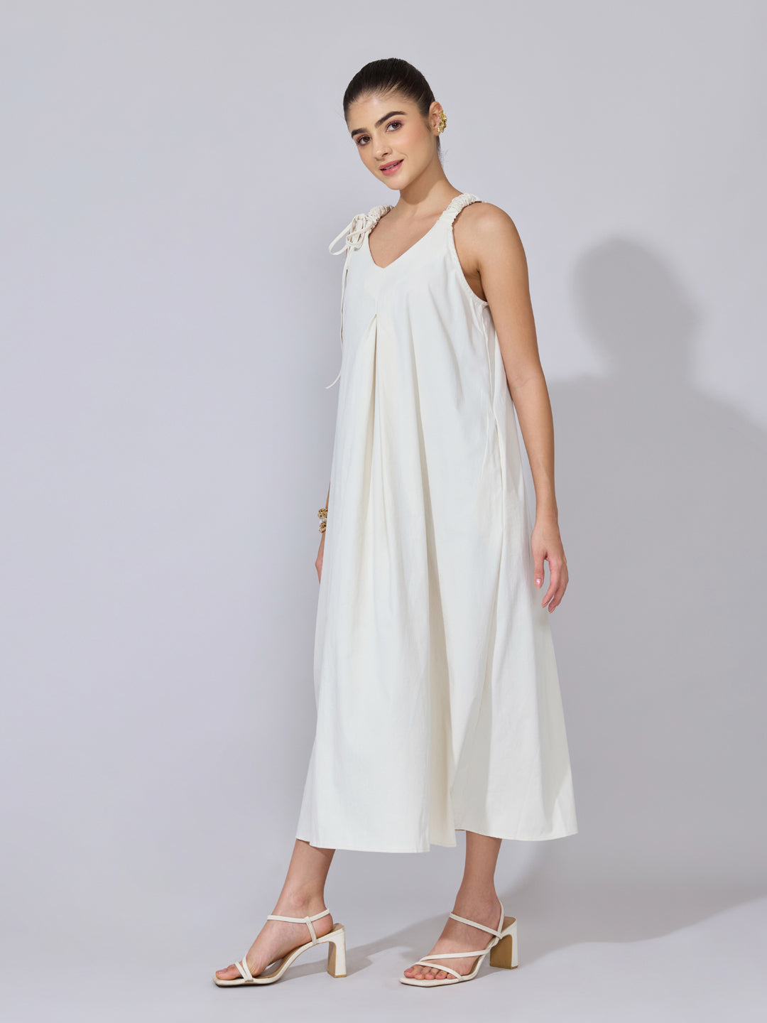 Women's Off White A-Line Midi Dress  with Tie-Up