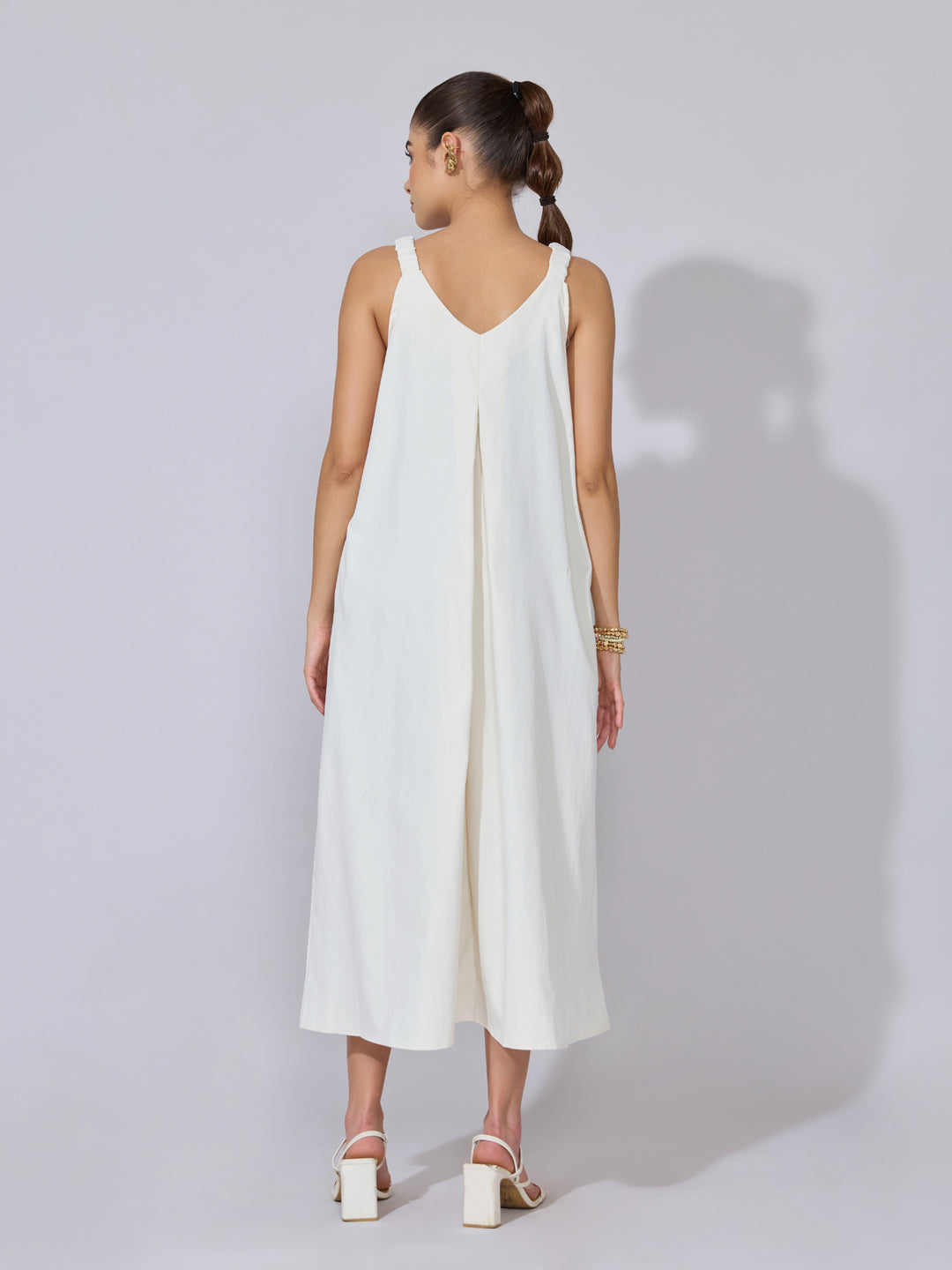 Women's Off White A-Line Midi Dress  with Tie-Up