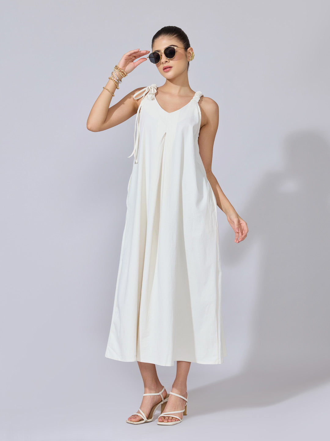 Women's Off White A-Line Midi Dress  with Tie-Up