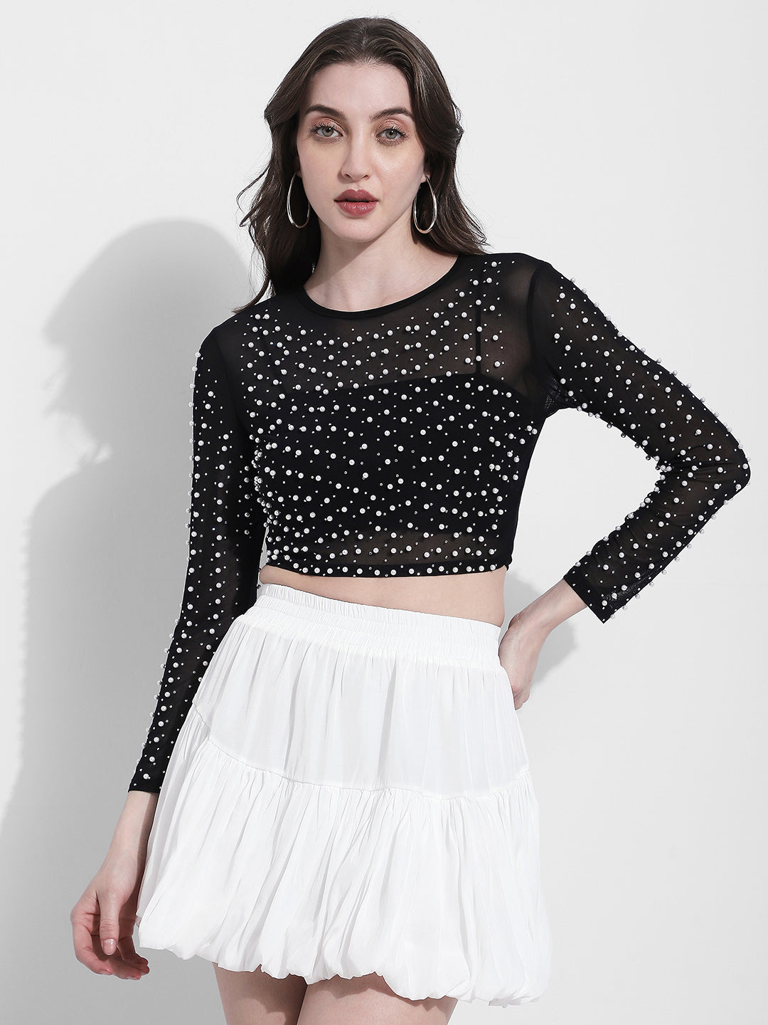 Women's Pearl Embellished Black Mesh Crop Top