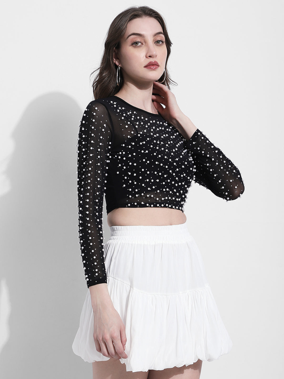 Women's Pearl Embellished Black Mesh Crop Top