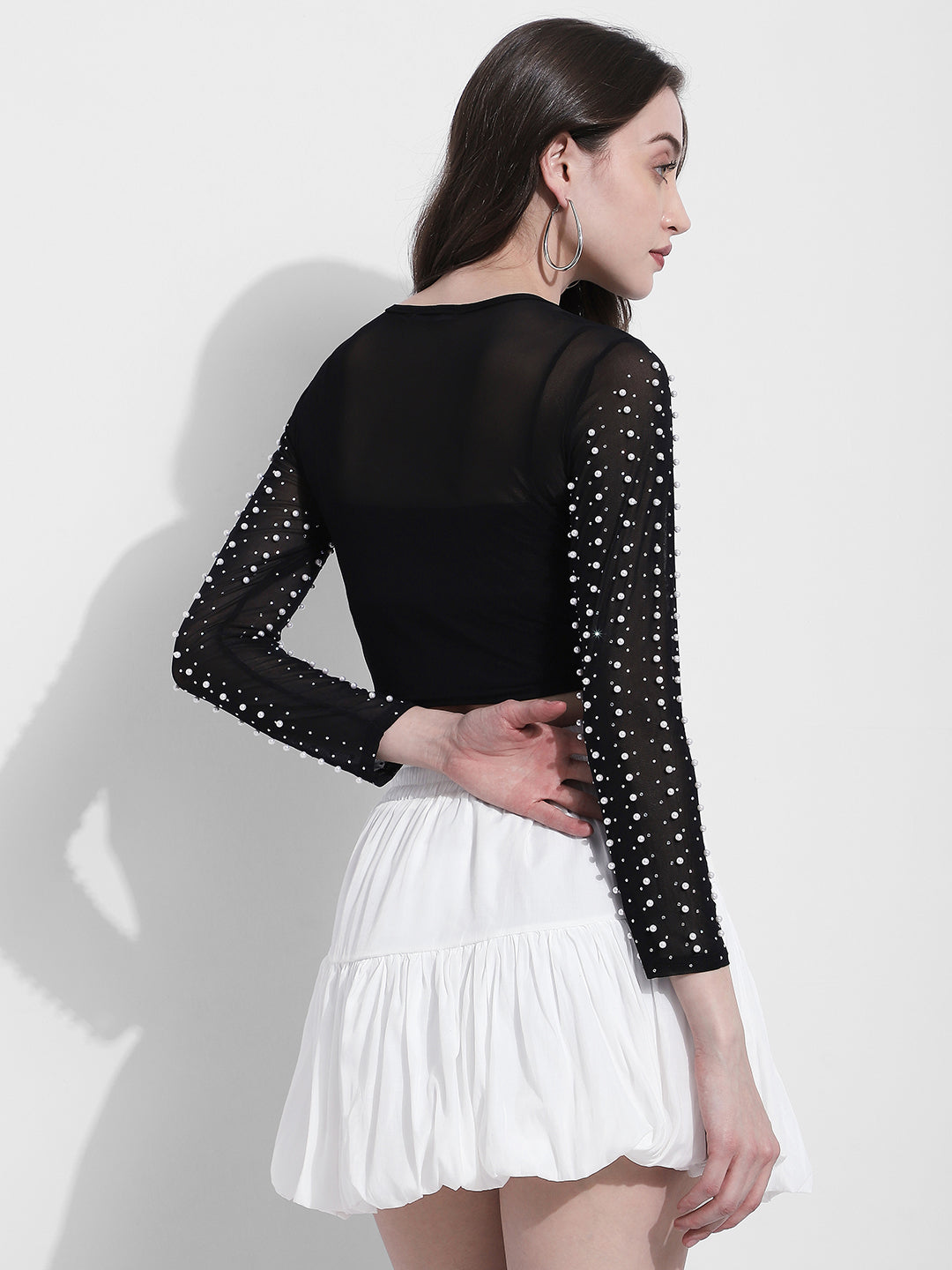 Women's Pearl Embellished Black Mesh Crop Top