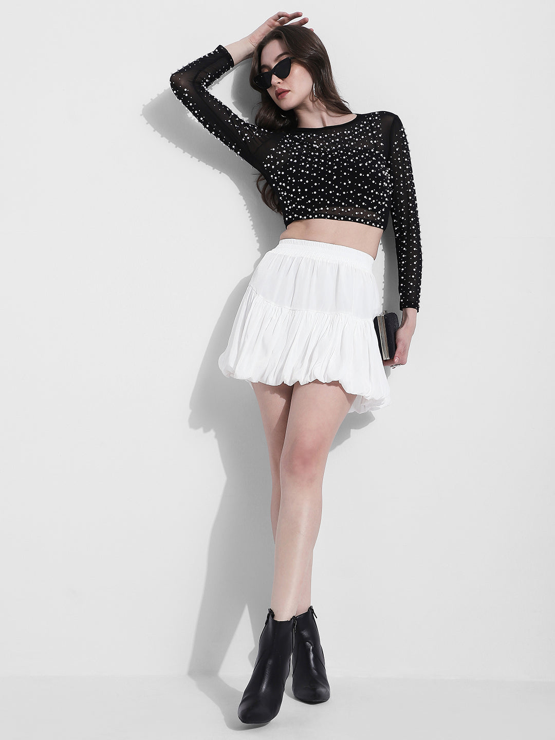Women's Pearl Embellished Black Mesh Crop Top