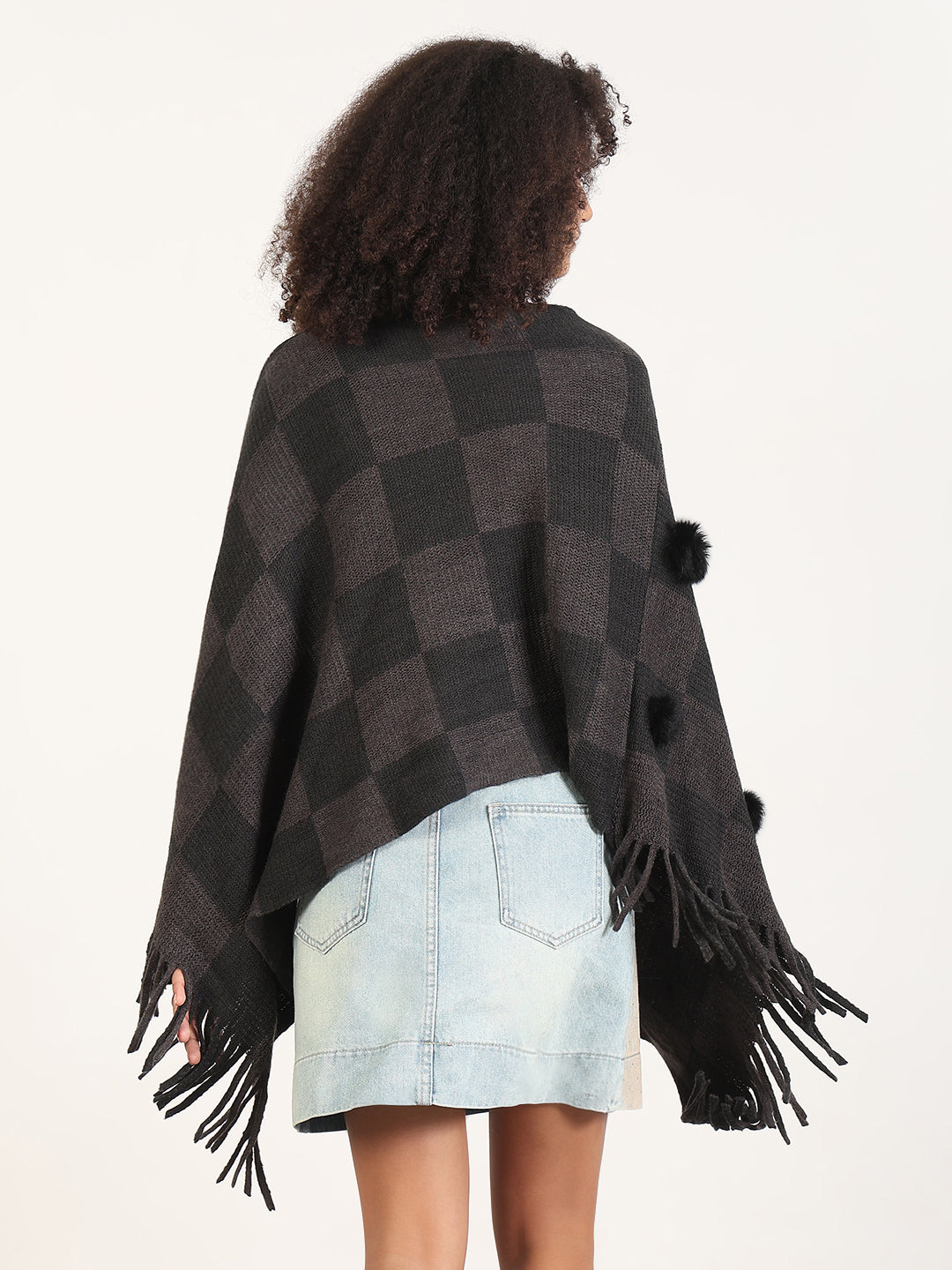 Women's Checked Grey Fringed Edge Poncho
