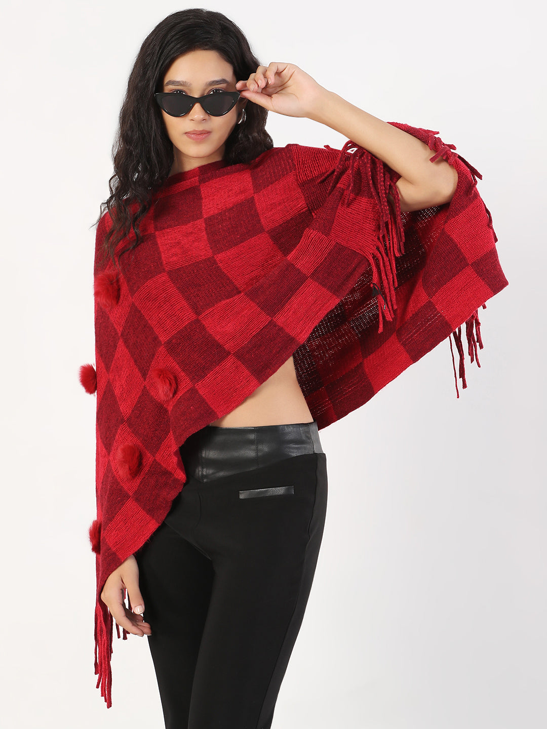 Women Round Neck Checked Red Poncho