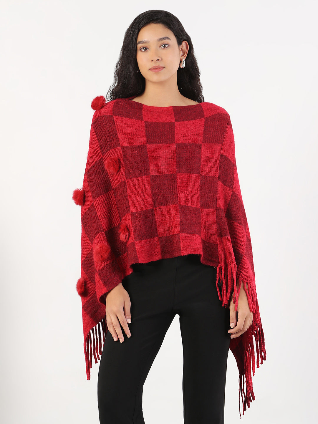 Women Round Neck Checked Red Poncho