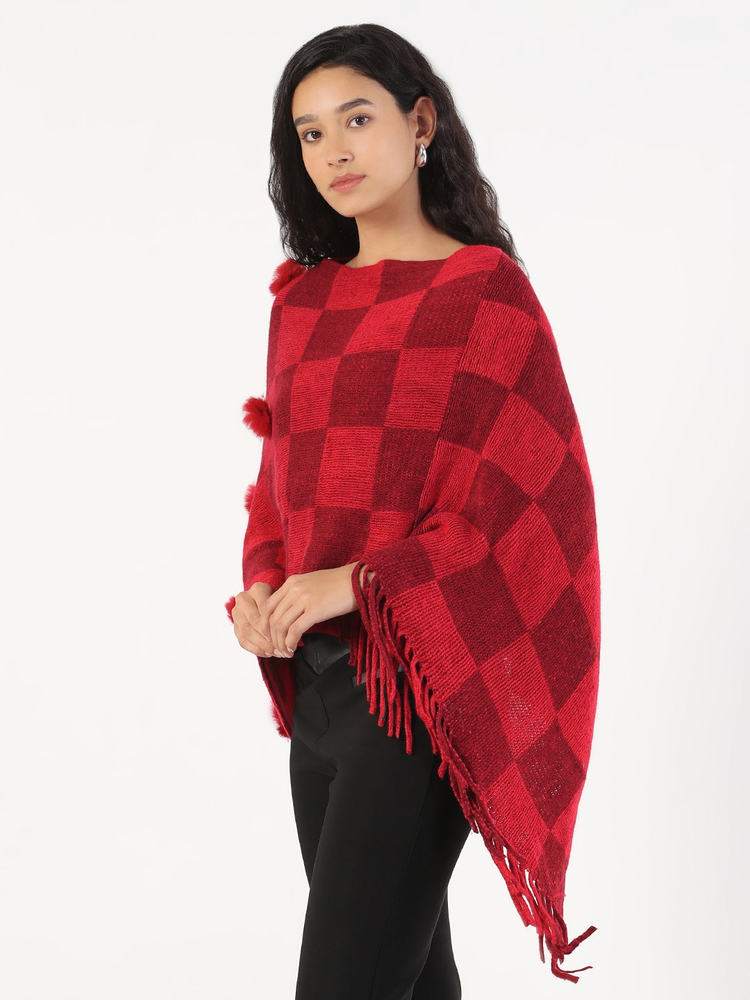 Women Round Neck Checked Red Poncho