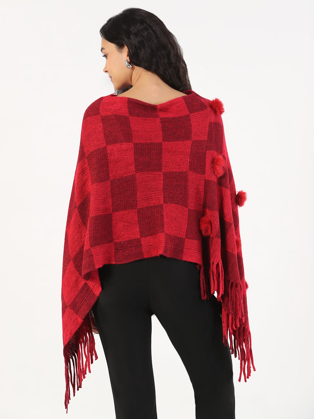 Women Round Neck Checked Red Poncho