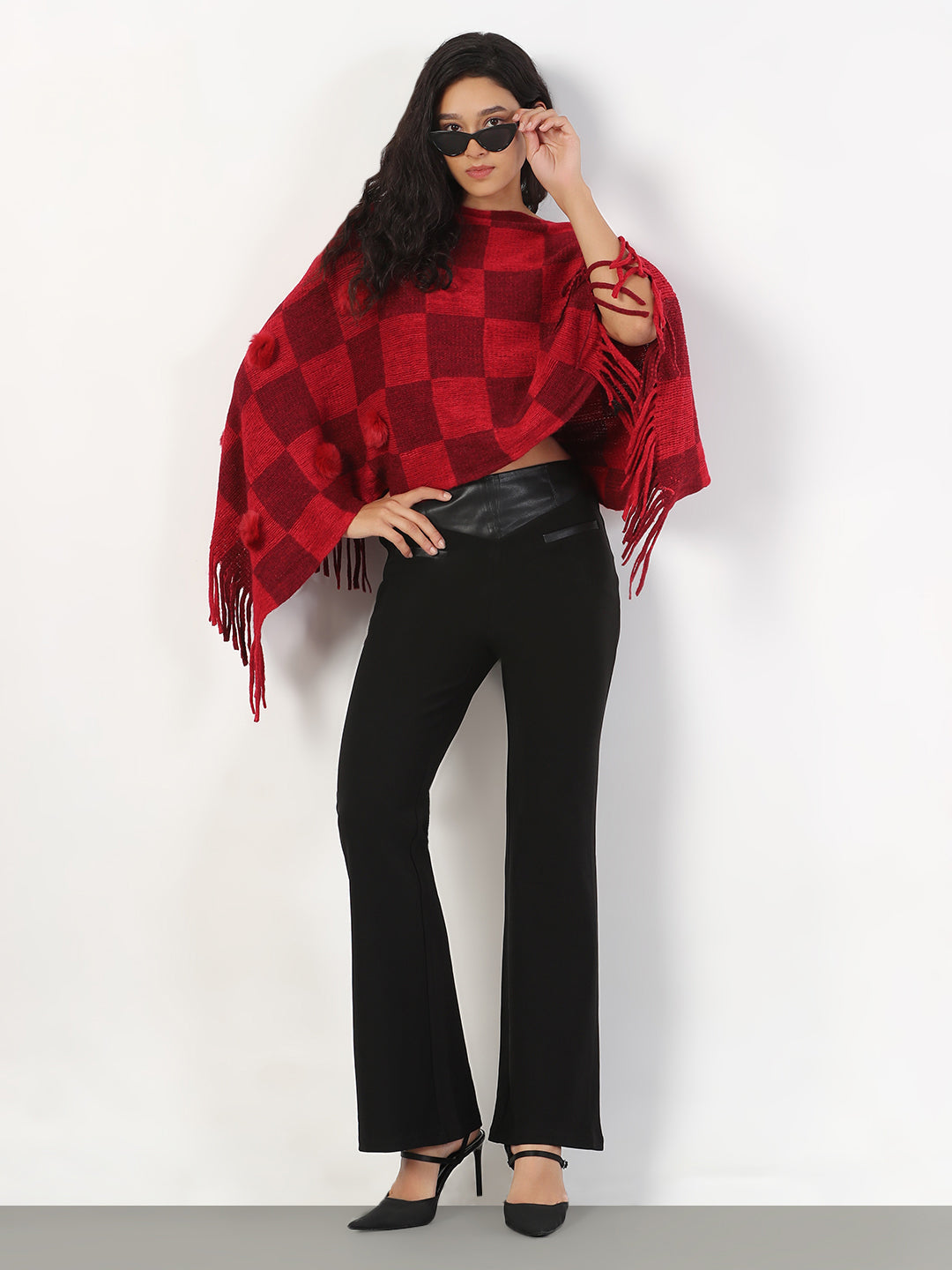 Women Round Neck Checked Red Poncho