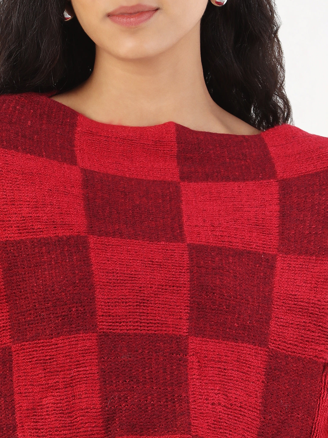 Women Round Neck Checked Red Poncho