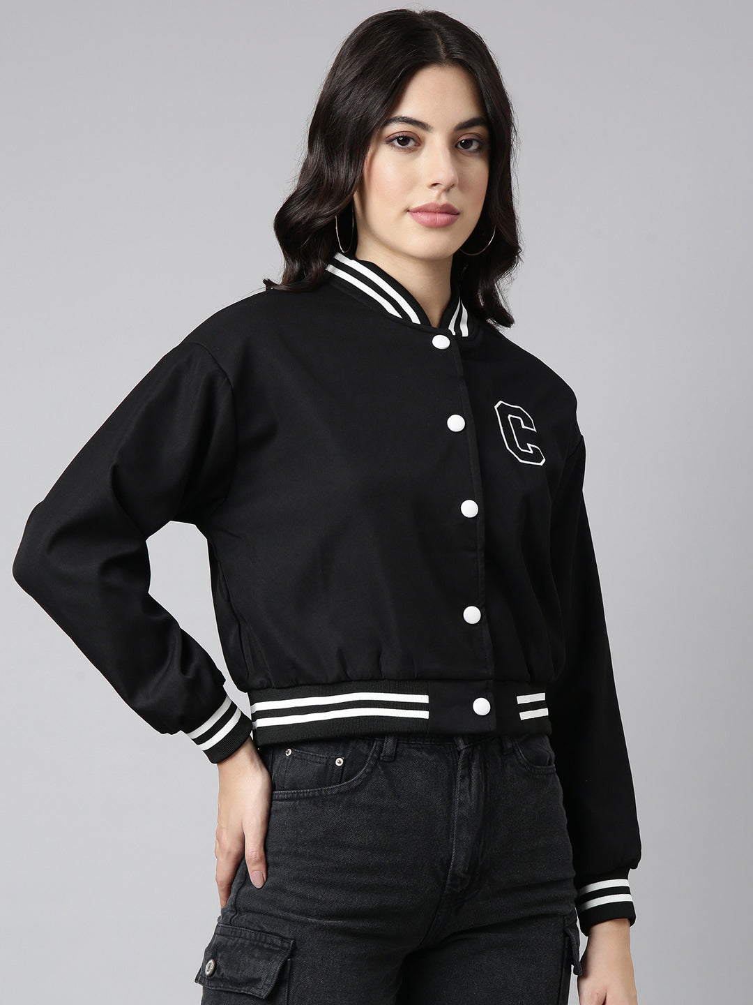 Women's Typography Black Varsity Jacket with Snap Buttons