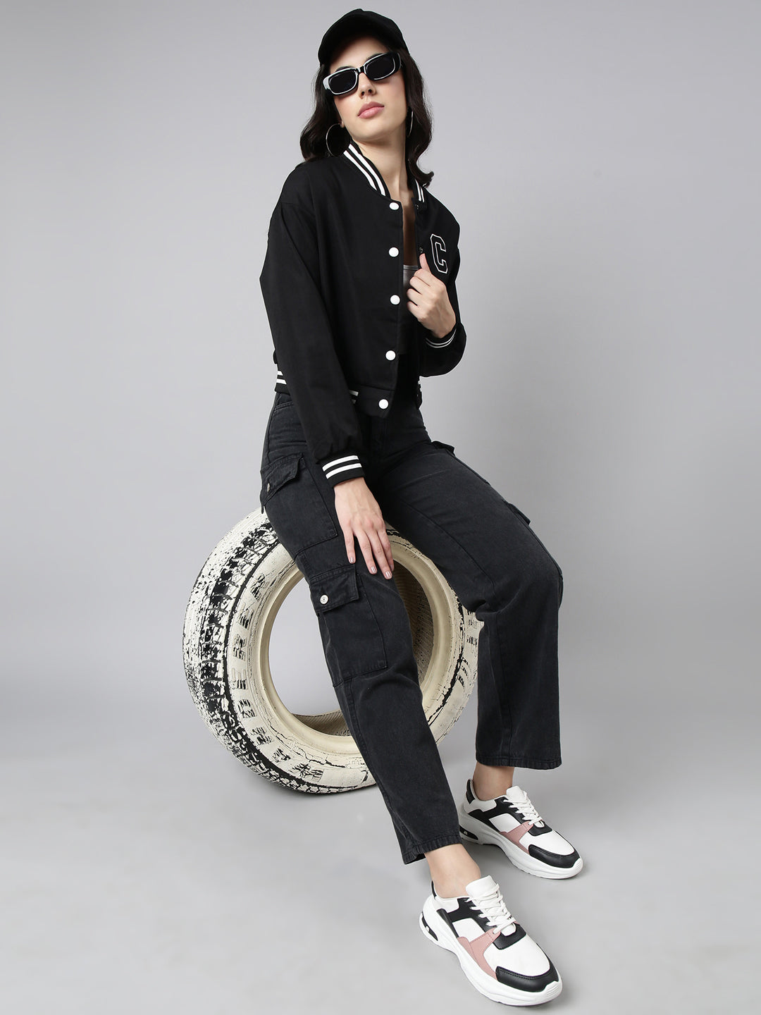 Women's Typography Black Varsity Jacket with Snap Buttons