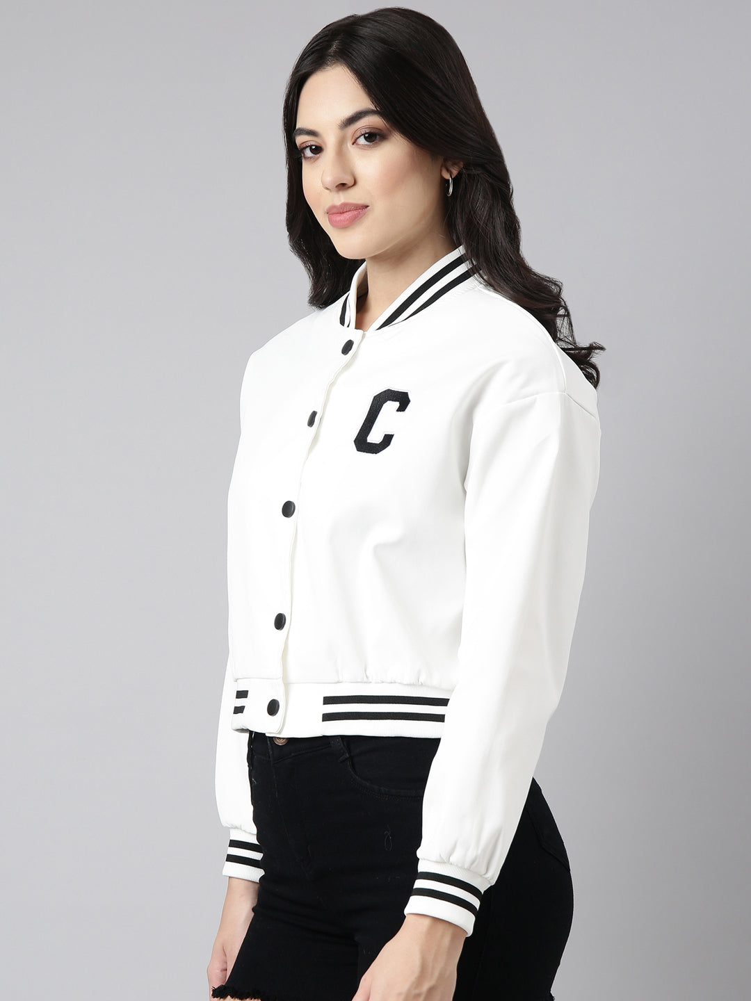Women's Typography White Varsity Jacket with Snap Buttons