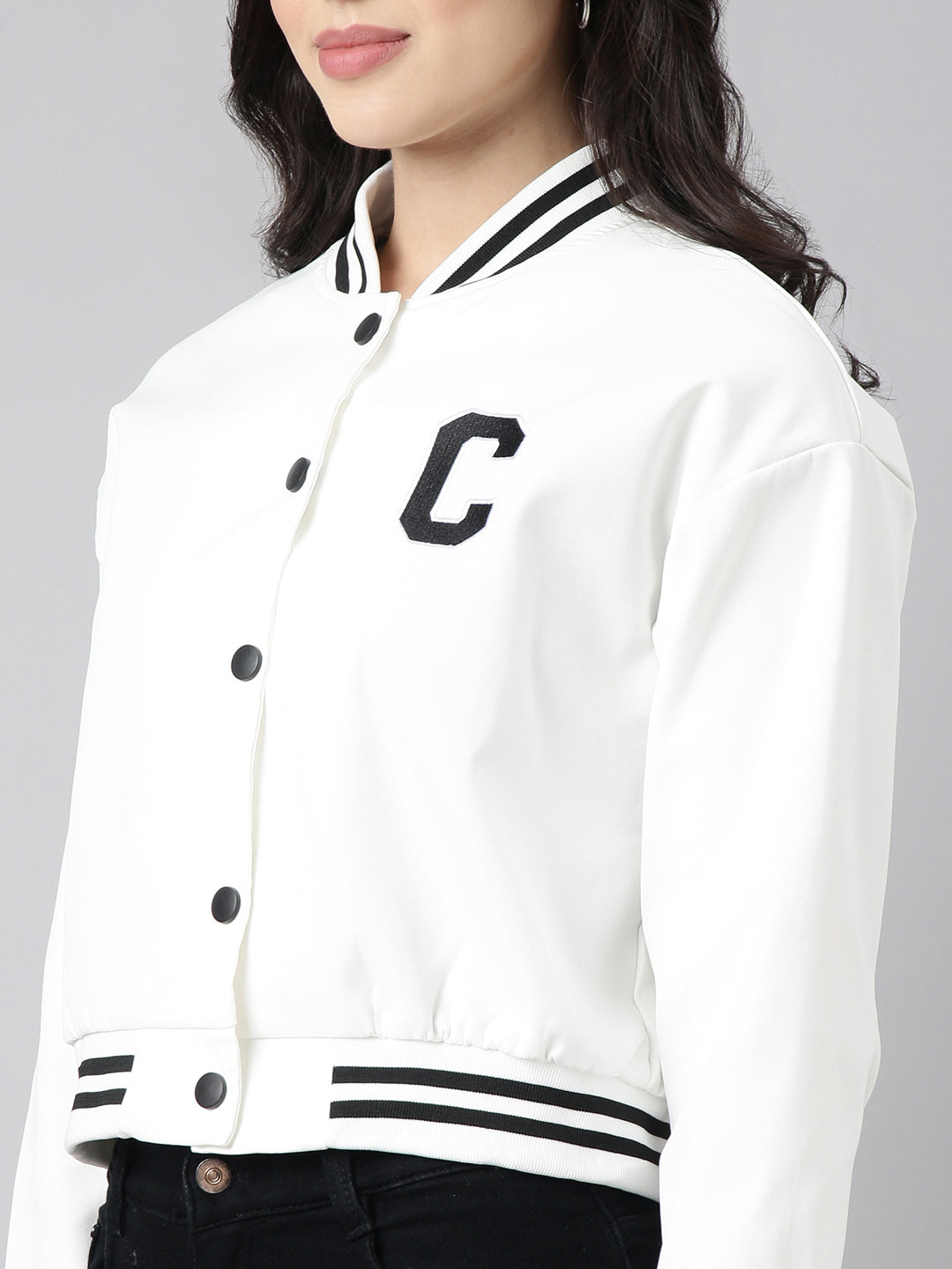 Women's Typography White Varsity Jacket with Snap Buttons