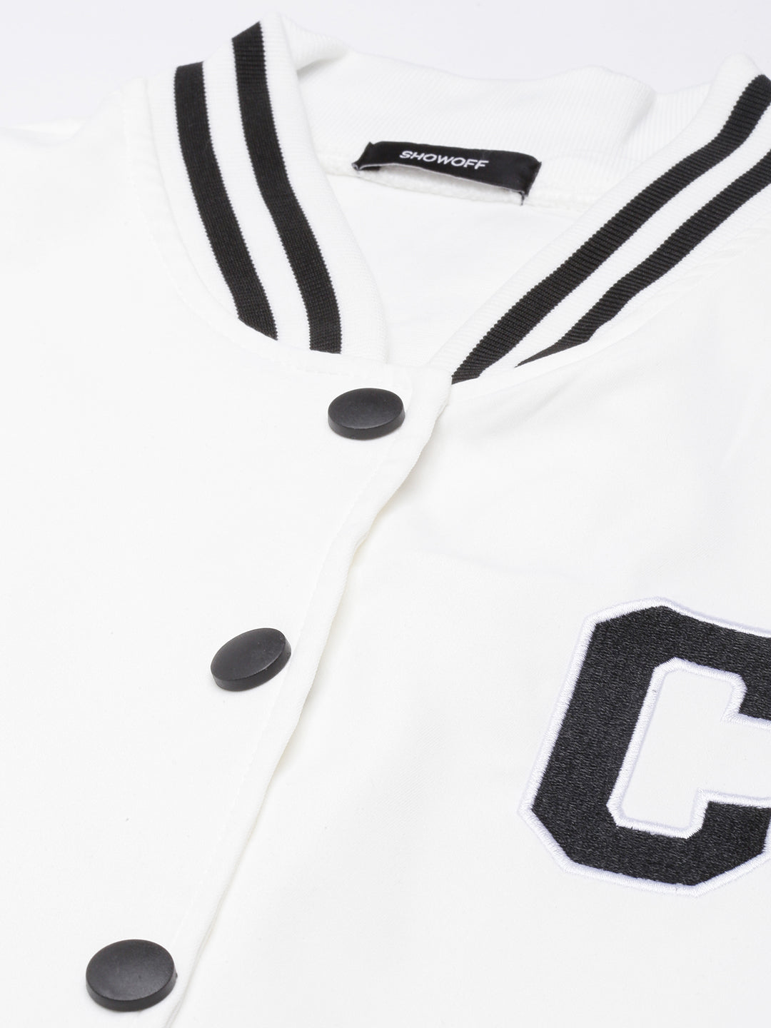 Women's Typography White Varsity Jacket with Snap Buttons