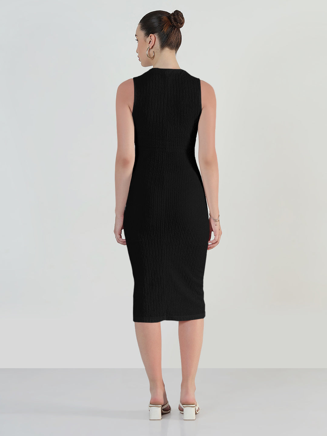 Women's Textured Black Cut-out Midi Bodycon Dress