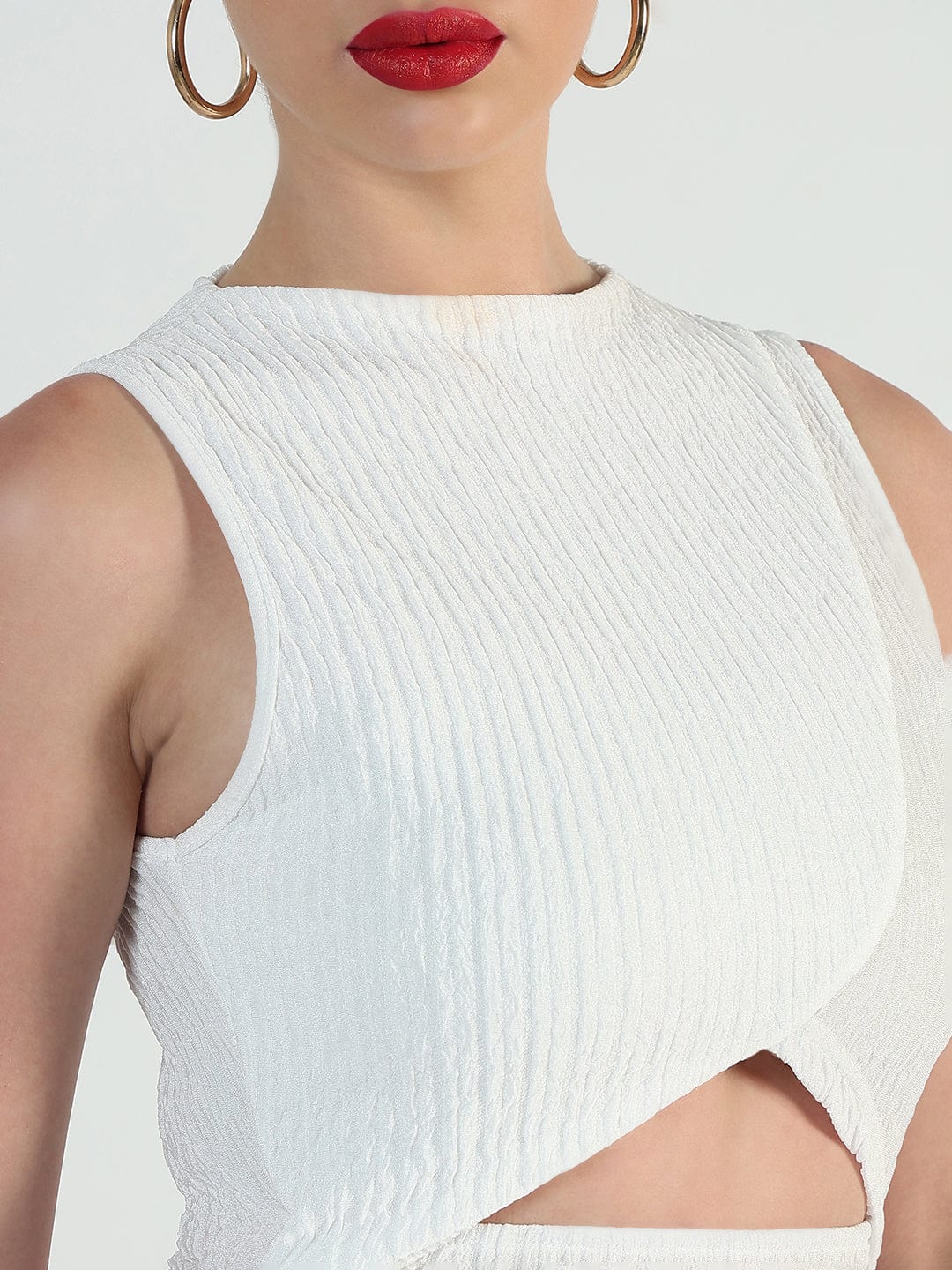 Women's Textured White Cut-out Midi Bodycon Dress