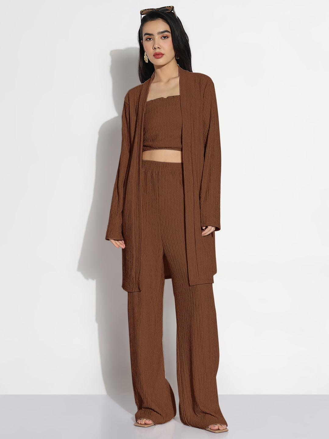 Women Brown Solid Co-ords Set with Shrug