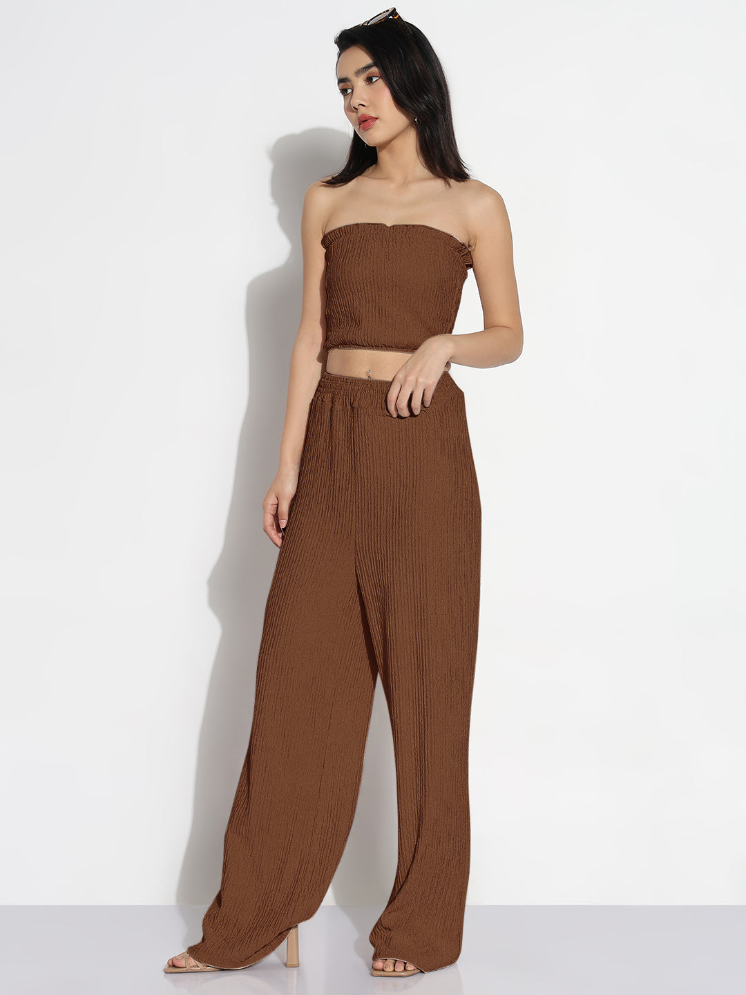 Women Brown Solid Co-ords Set with Shrug