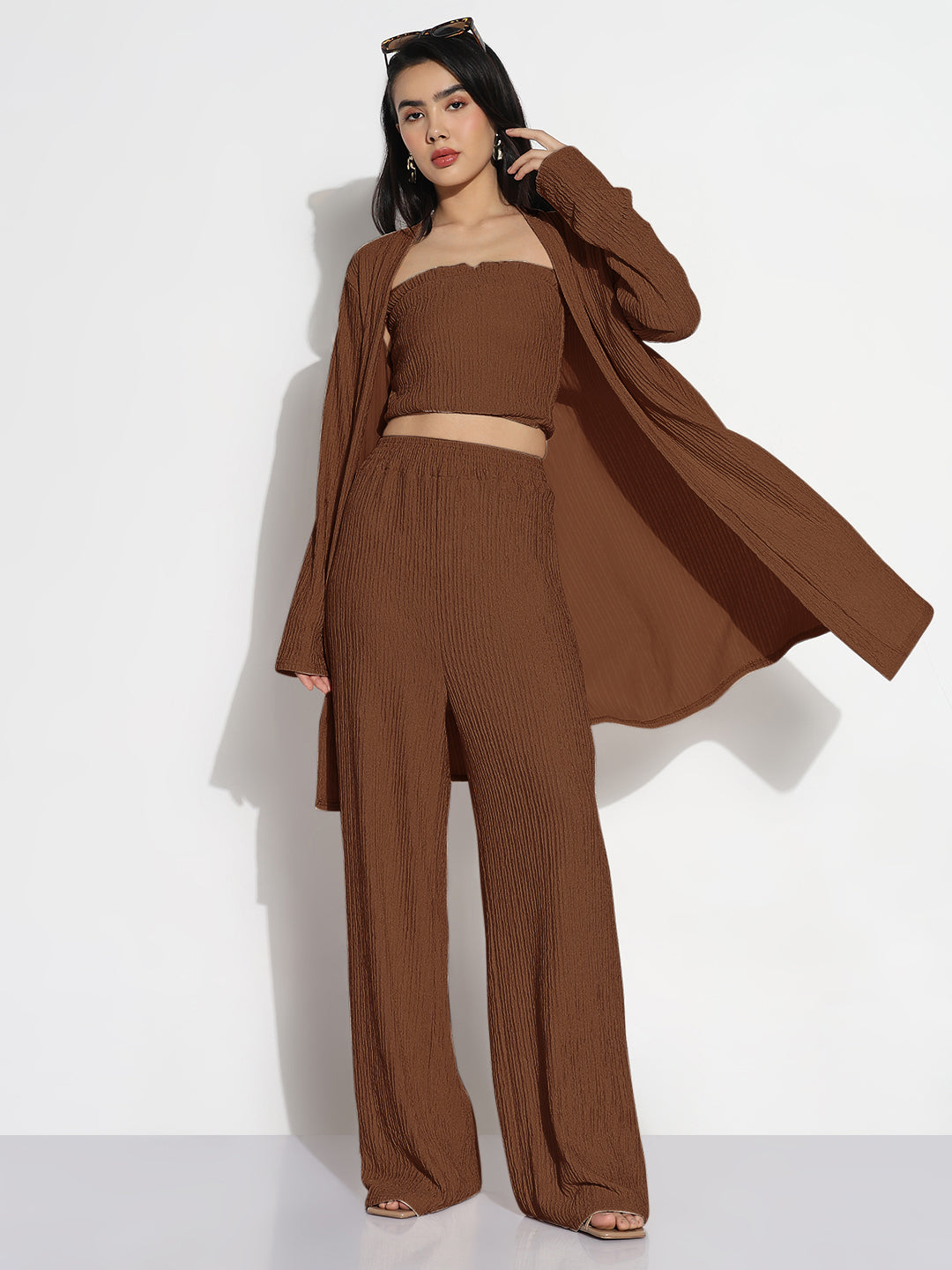 Women Brown Solid Co-ords Set with Shrug