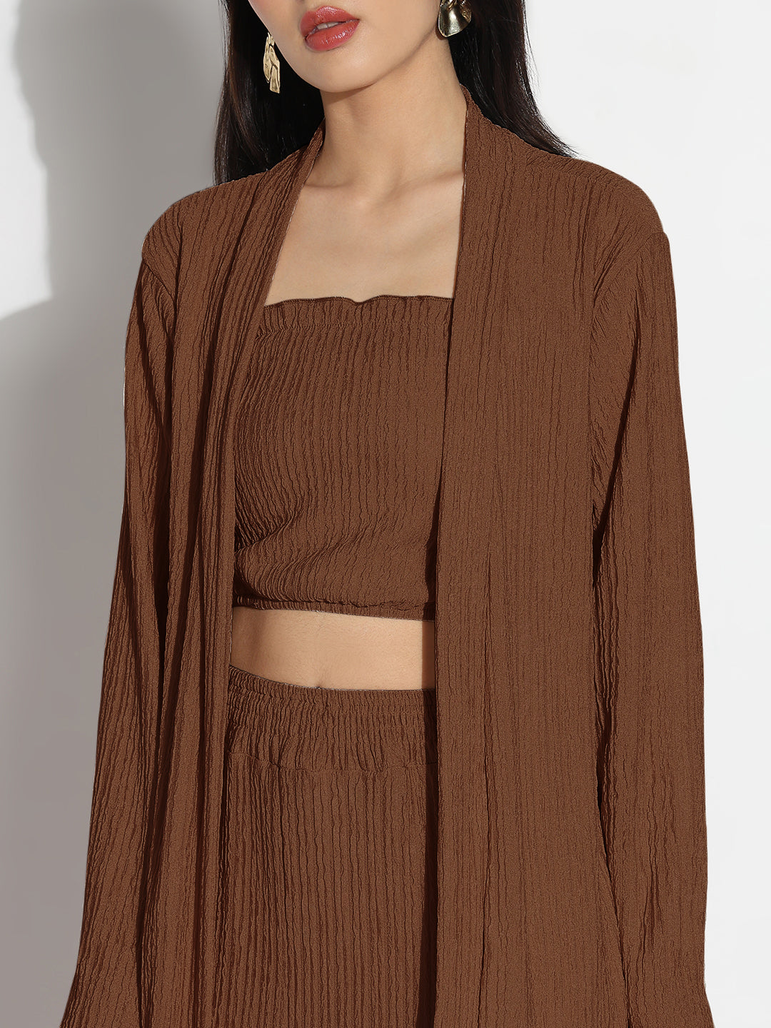 Women Brown Solid Co-ords Set with Shrug