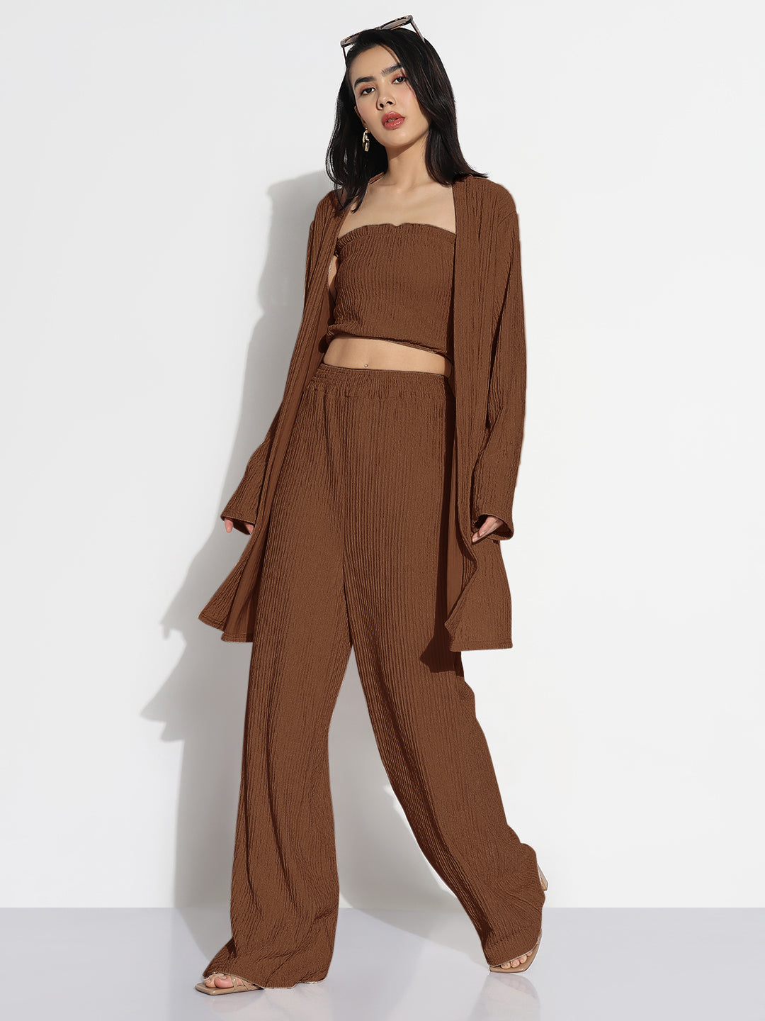 Women Brown Solid Co-ords Set with Shrug