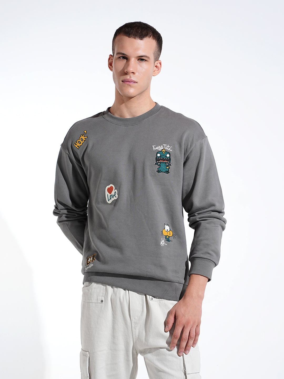 Men's Graphic Patchwork Grey Round Neck Regular Fit Sweatshirt