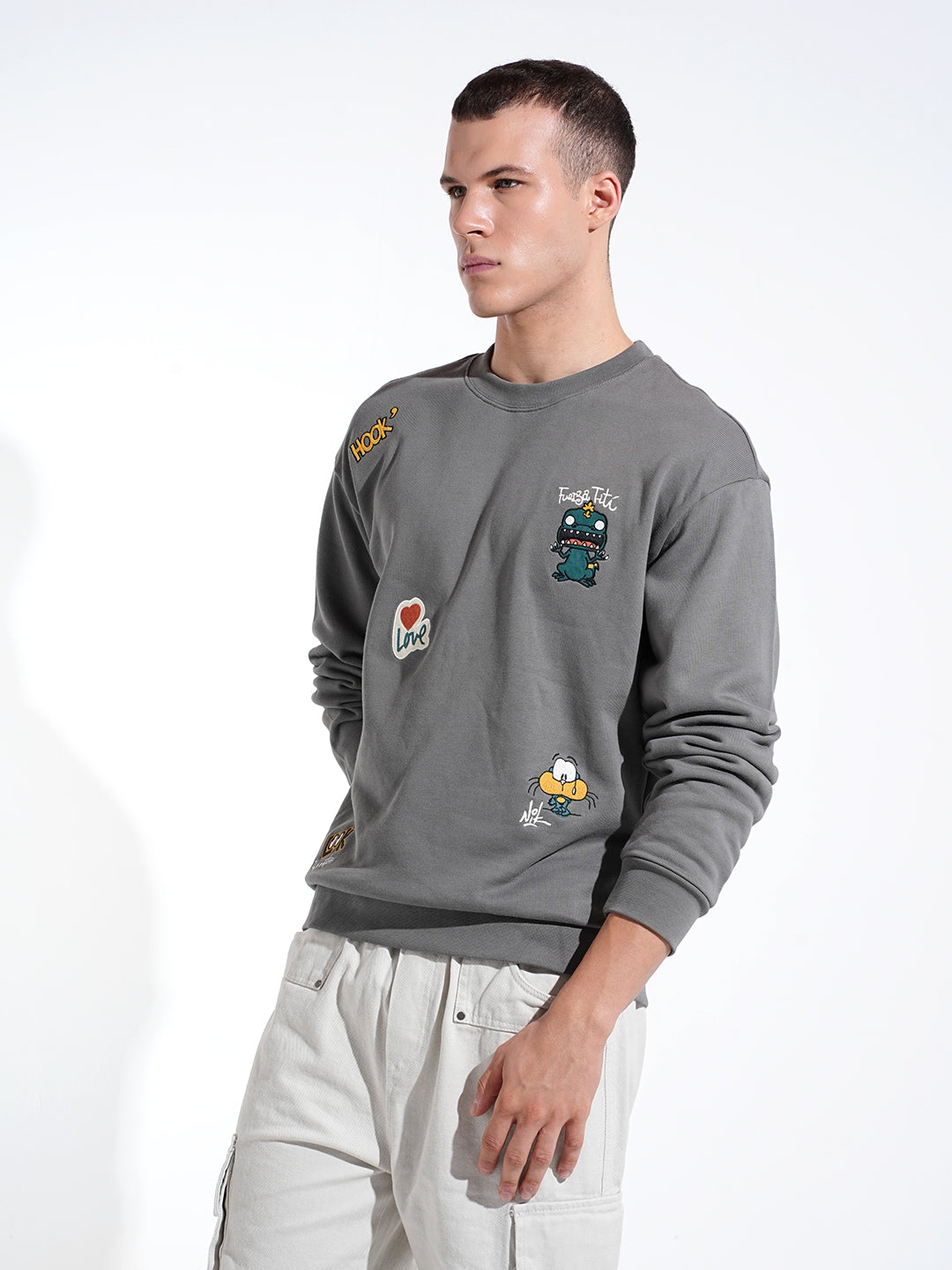 Men's Graphic Patchwork Grey Round Neck Regular Fit Sweatshirt