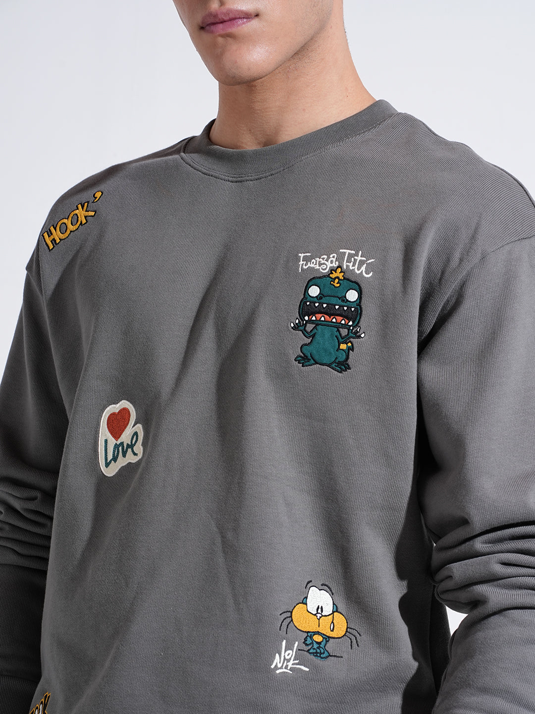 Men's Graphic Patchwork Grey Round Neck Regular Fit Sweatshirt