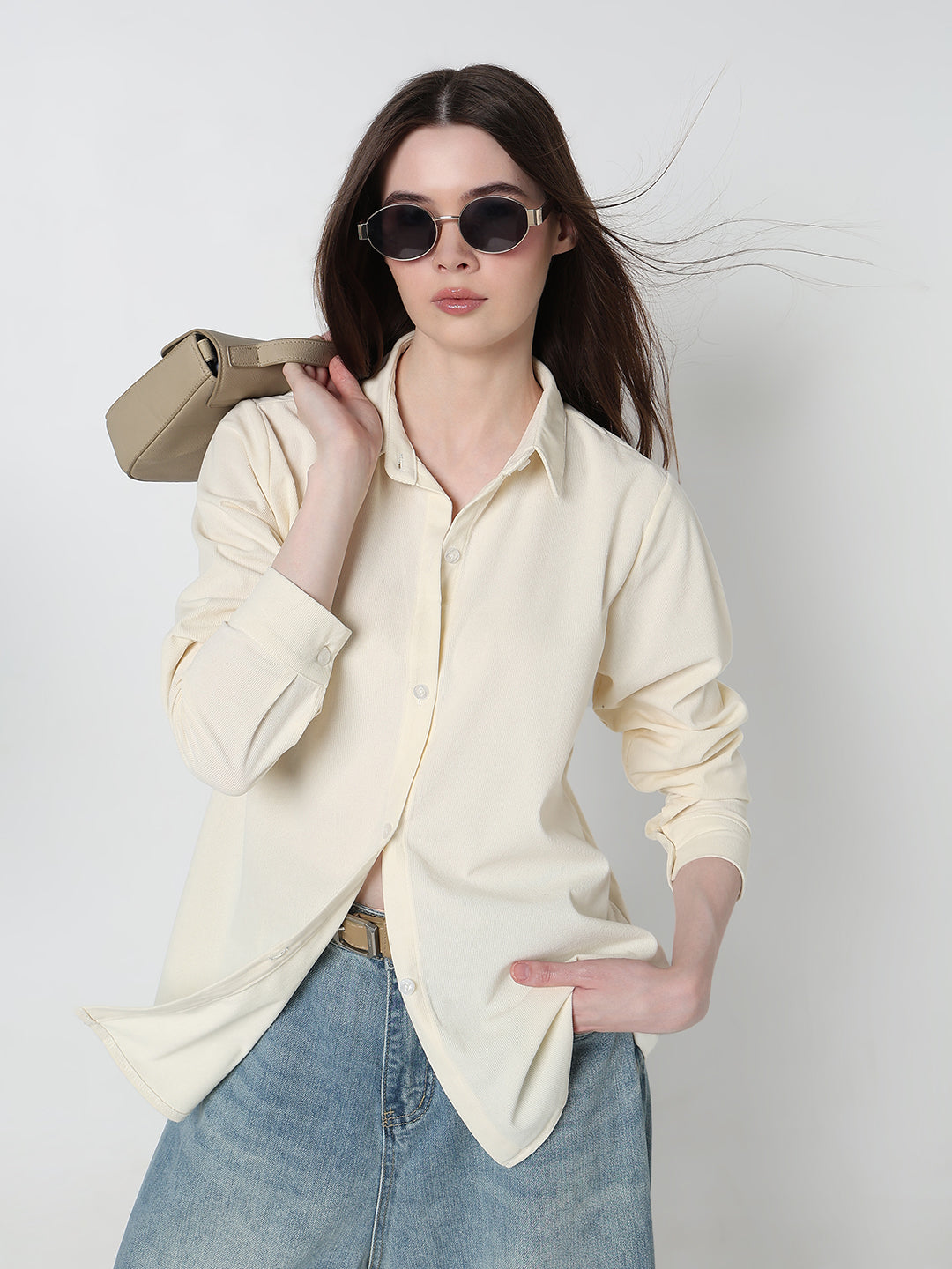 Women's Solid Cream Regular fit Long Sleeve Casual Shirt