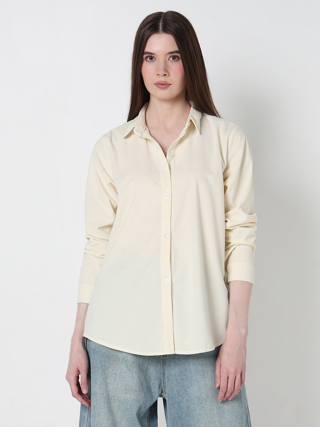 Women's Solid Cream Regular fit Long Sleeve Casual Shirt