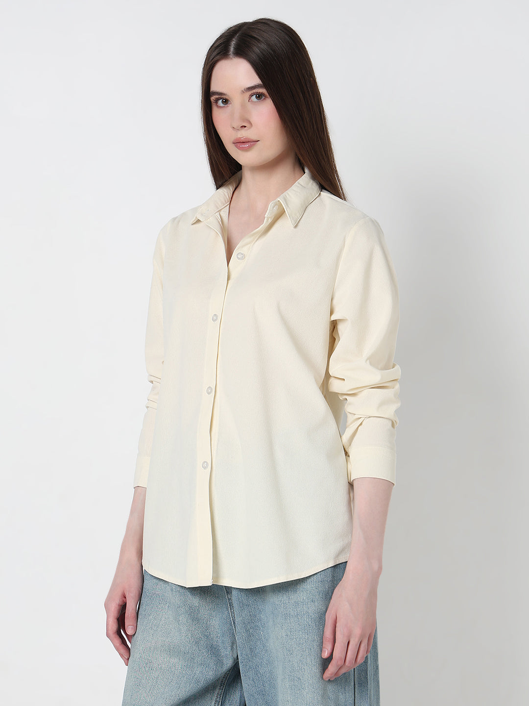 Women's Solid Cream Regular fit Long Sleeve Casual Shirt