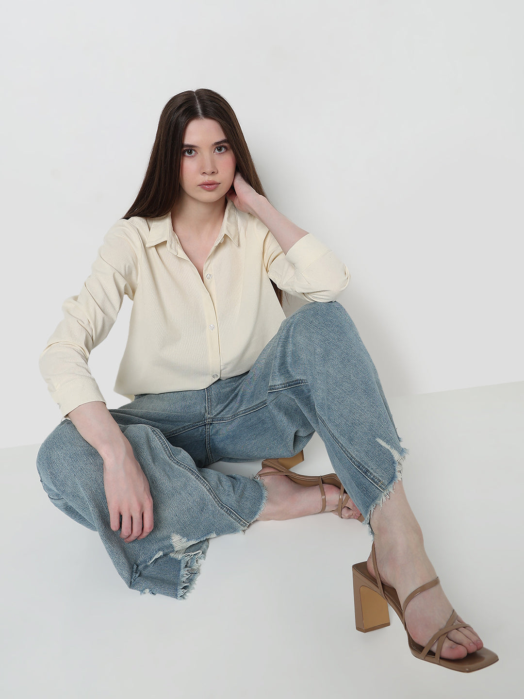 Women's Solid Cream Regular fit Long Sleeve Casual Shirt