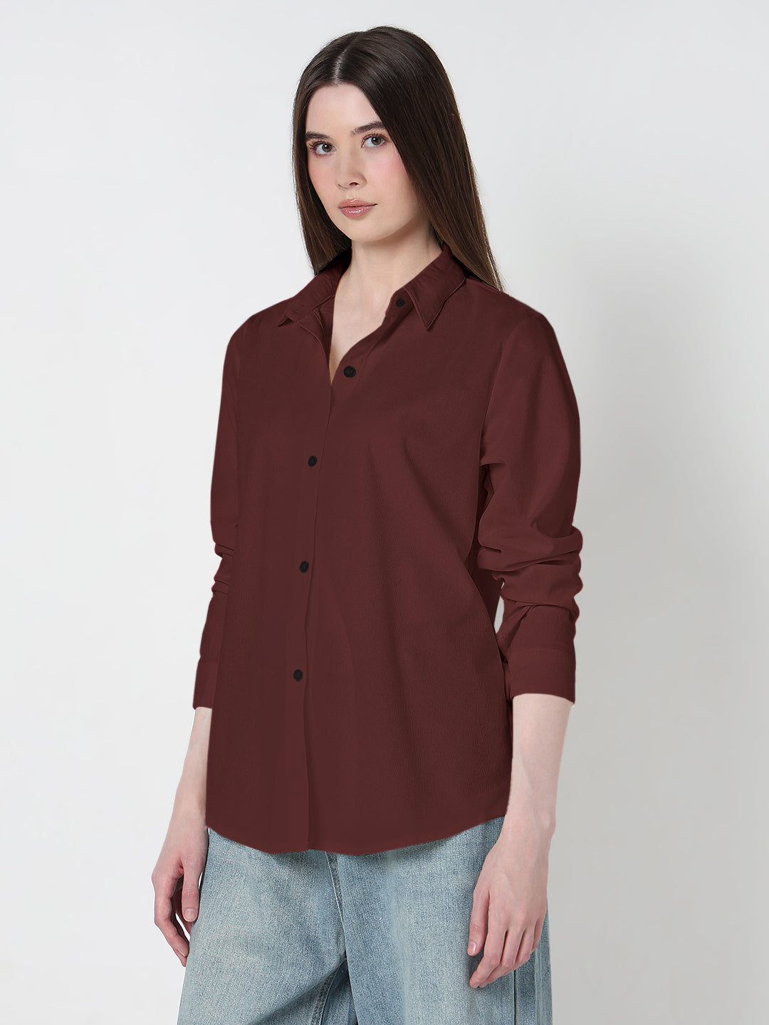 Women's Solid Maroon Regular fit Long Sleeve Casual Shirt