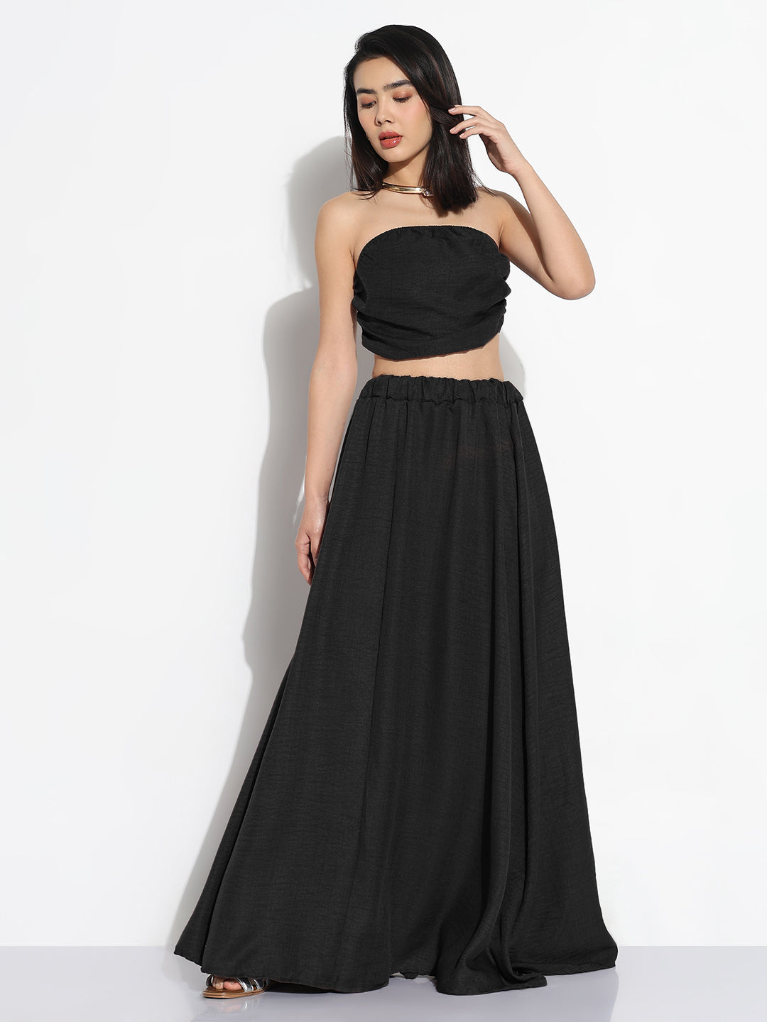 Women Black Solid Co-ords Skirt & Top Set